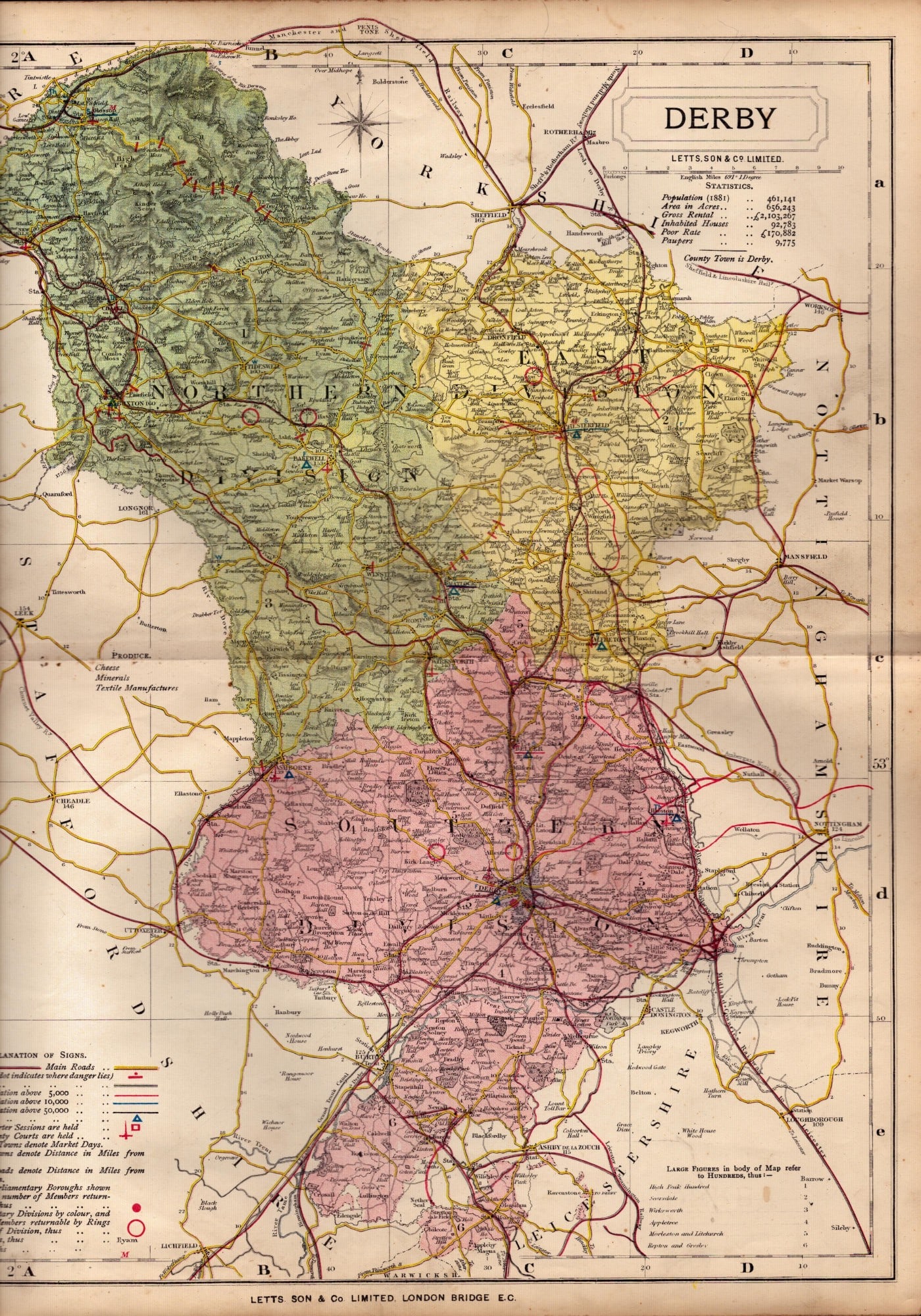 The City Of Derby Large Victorian Letts 1884 Antique Coloured Map.: Title: The City Of Derby Large Victorian Letts 1884 Antique Coloured Map. Description: Antique Map Which Was Removed from an Edition of Letts Popular Atlas. Published In 1884 During the Reign o
