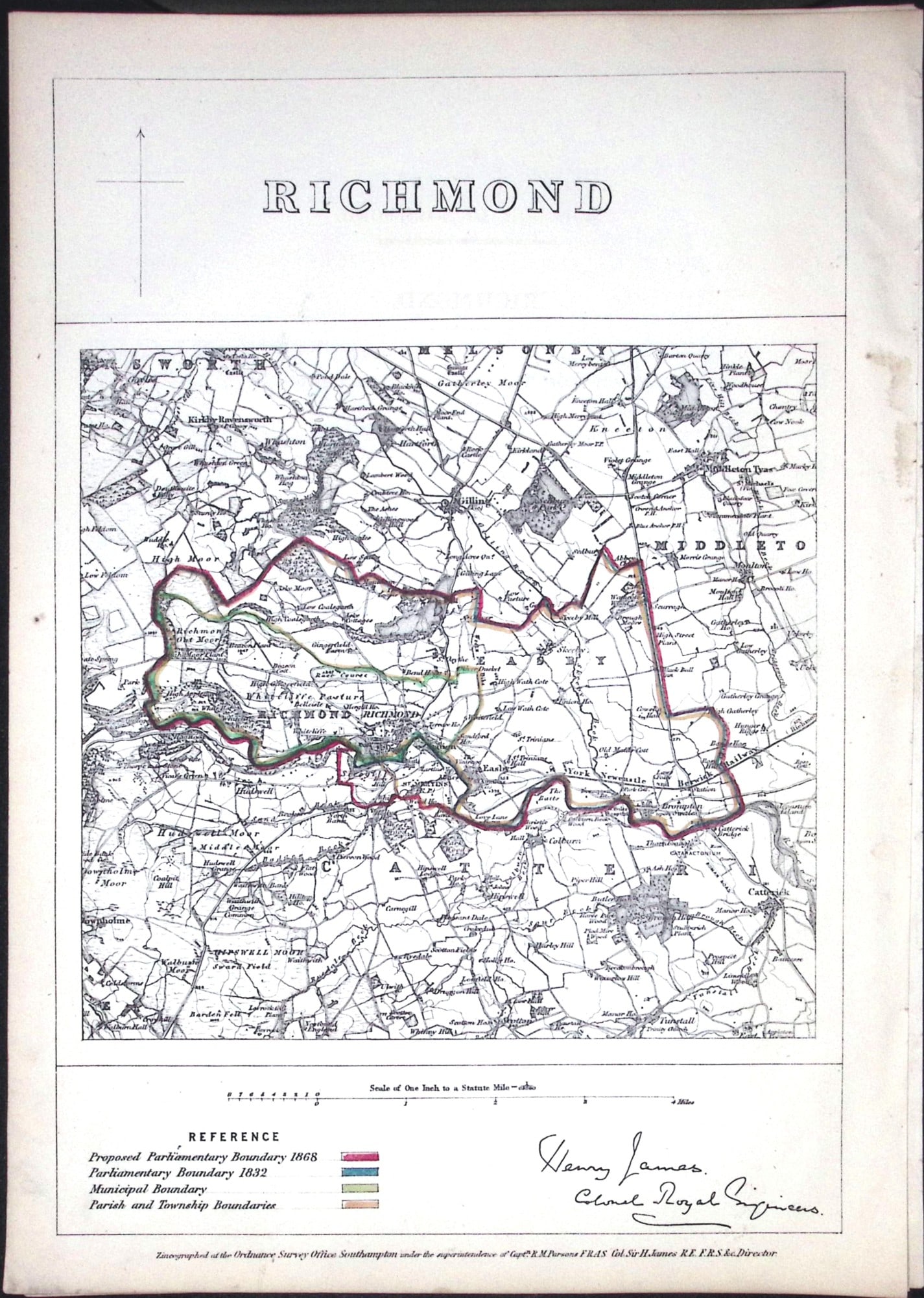 Richmond Yorkshire Boundary Commission Coloured 157-Year-Old Antique Map.: Title: Richmond Yorkshire Boundary Commission Coloured 157-Year-Old Antique Map. Description: Richmond Yorkshire Boundary Commission Coloured 157-Year-Old Antique Map. Original Antique Lithogra