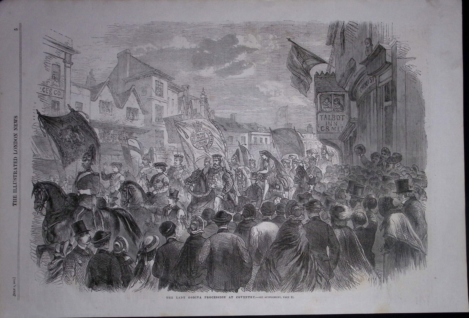 Lady Godiva Procession at Coventry 164 Years-Old Antique Woodcut Engraving.: Title: Lady Godiva Procession at Coventry 164 Years-Old Antique Woodcut Engraving. Description: Lady Godiva Procession at Coventry 164 Years-Old Antique Woodcut Engraving. This Antique News Report