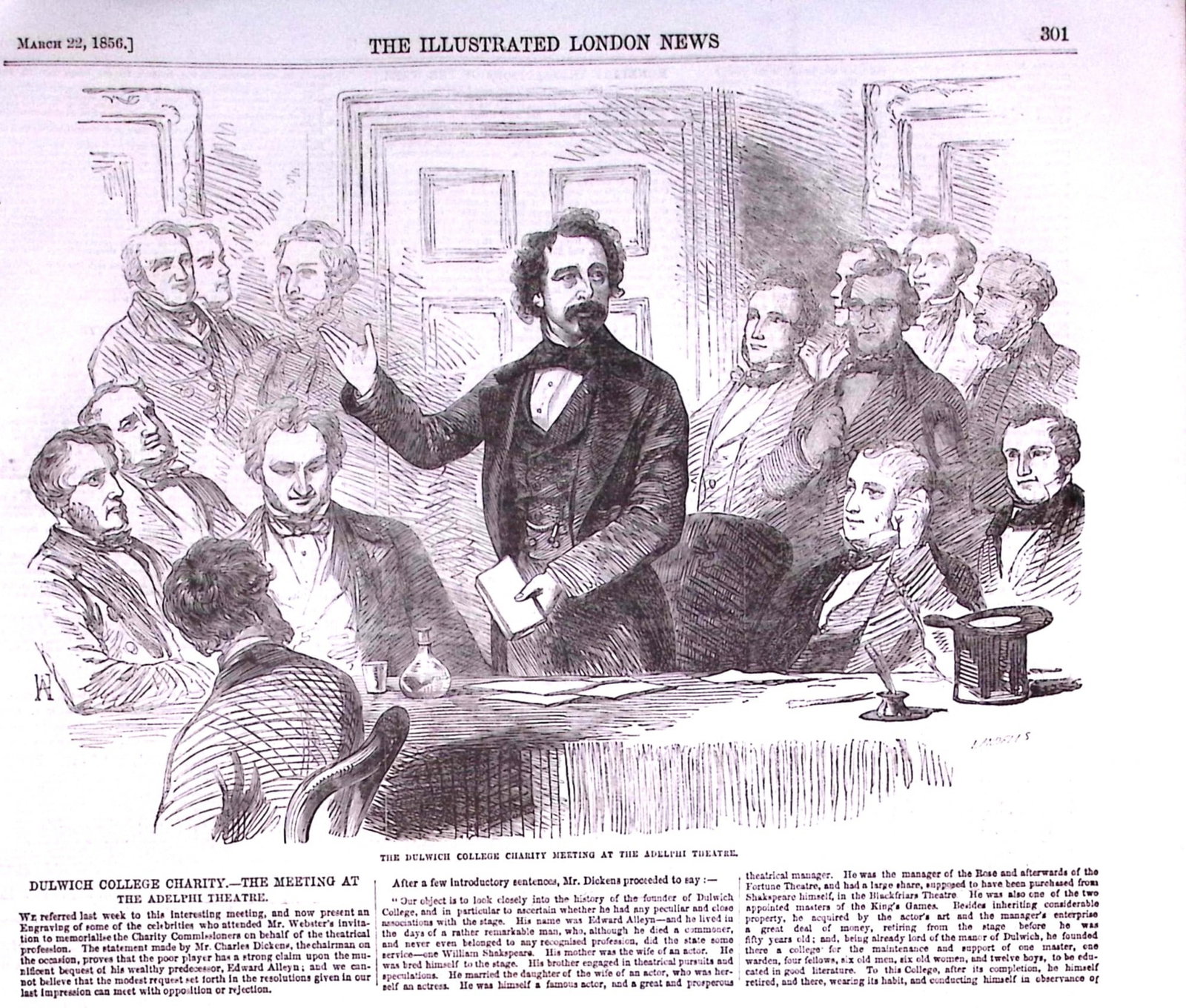 Charles Dickens Dulwich College Charity Meeting Antique 170 Years-Old Illustration-6. - 2