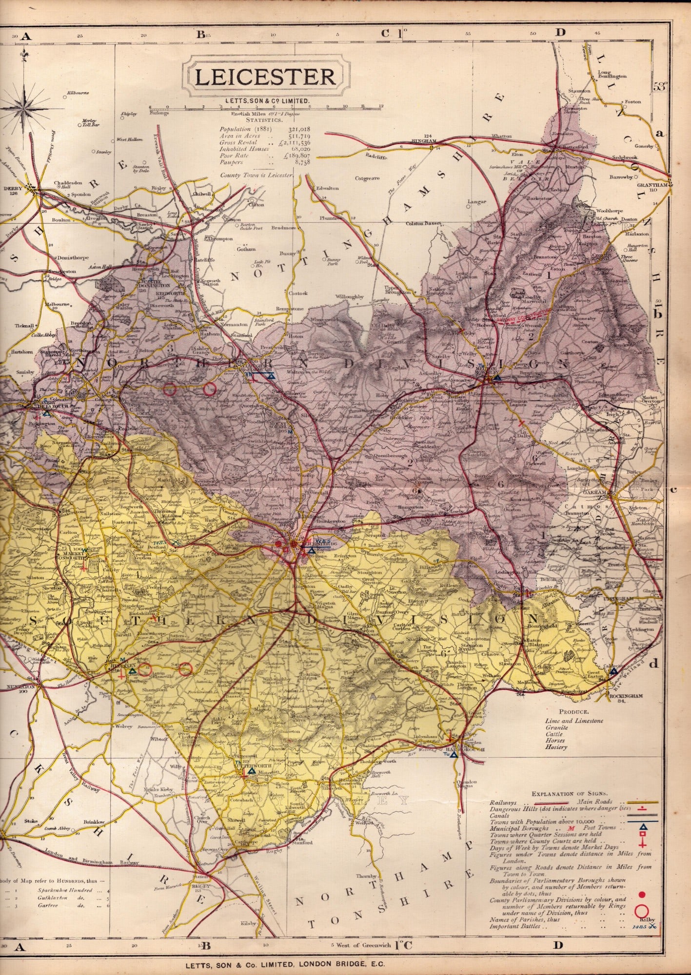 County of Leicester Large Victorian Letts 1884 Antique Coloured Map.: Title: County of Leicester Large Victorian Letts 1884 Antique Coloured Map. Description: Antique Map Which Was Removed from an Edition of Letts Popular Atlas. Published In 1884 During the Reign of