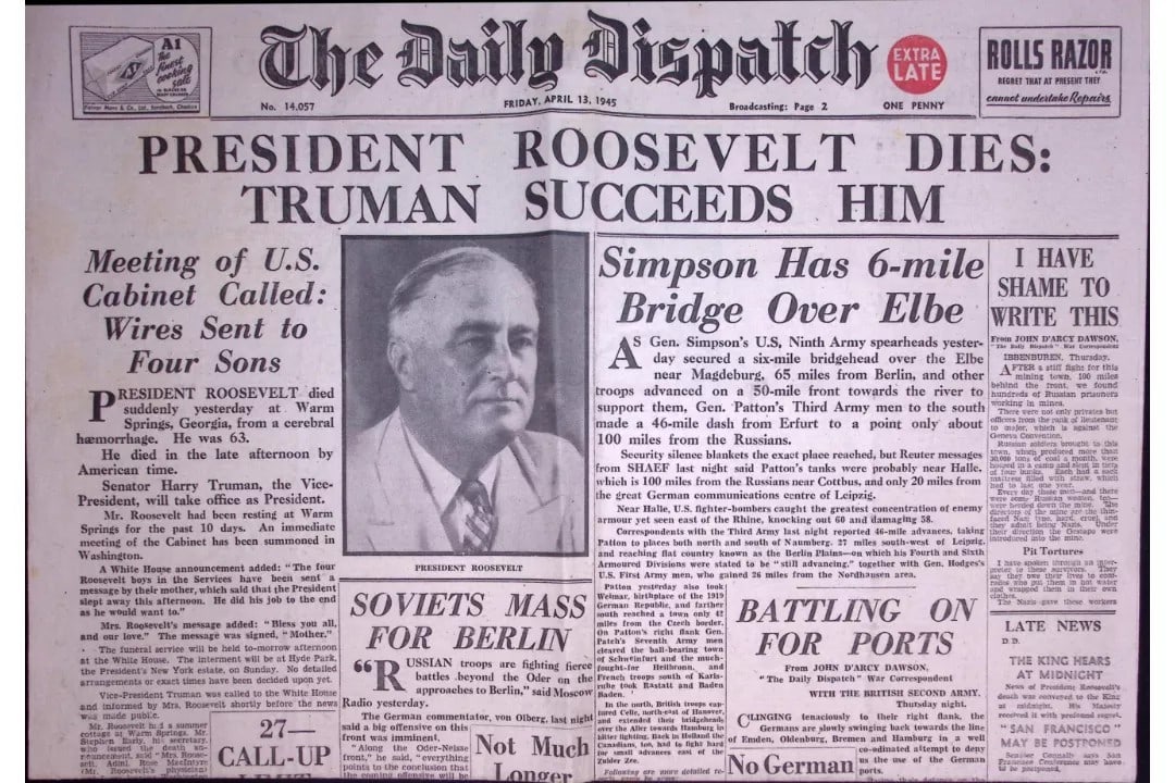 President Roosevelt Dies, Truman Succeeds Him. WW2 Original 1945 Newspaper-17. (1 of 4)