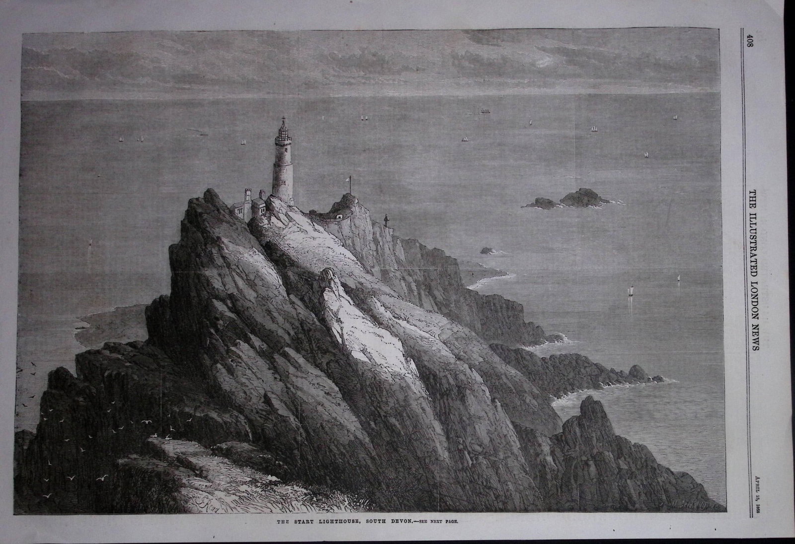 Start Point Lighthouse South Devon 1868 Antique Woodcut Engraving. (1 of 1)