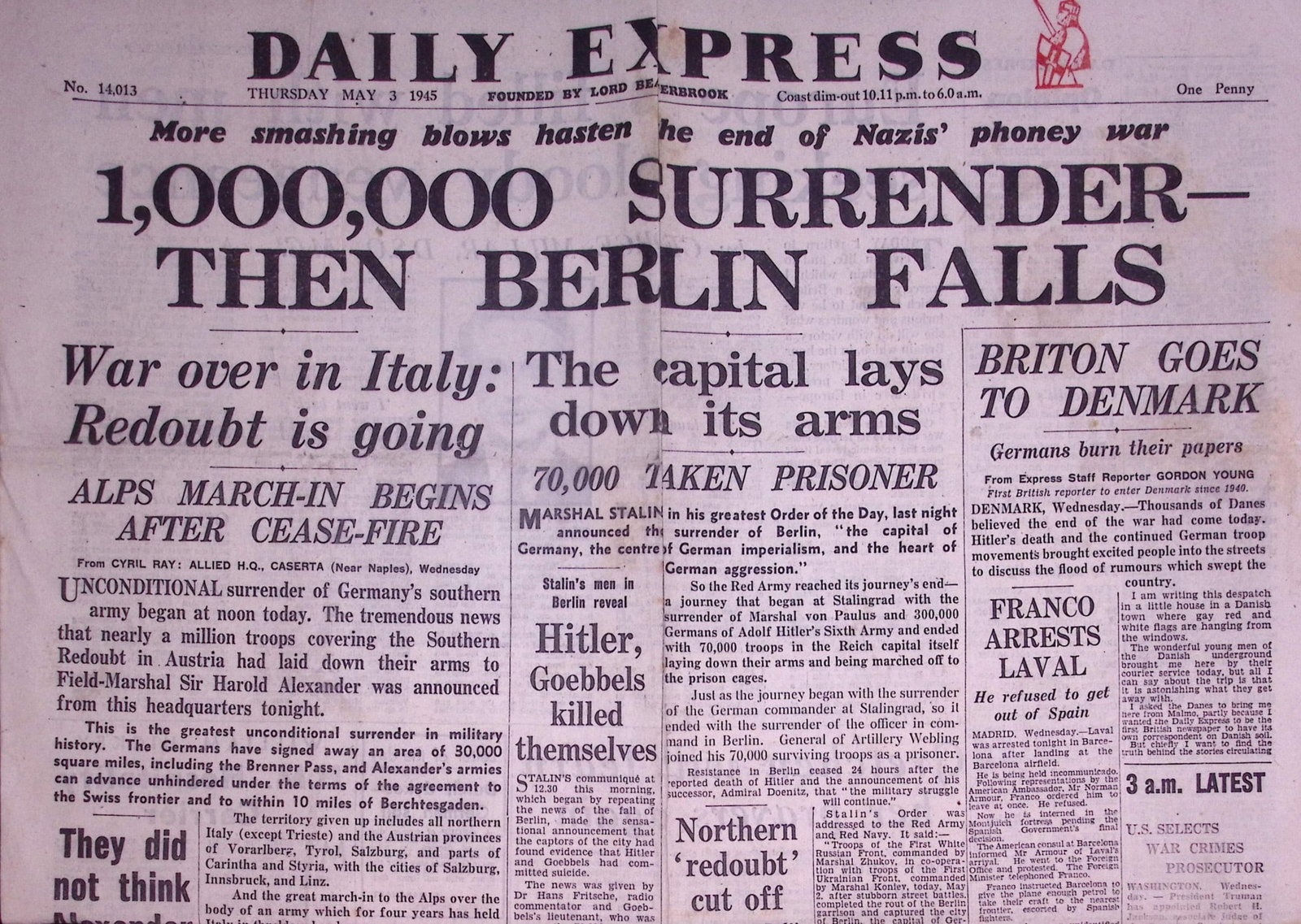 Hitler, Goebbels Kill Themselves, Berlin Has Fallen WW2 Original 1945 Newspaper-16. (1 of 4)