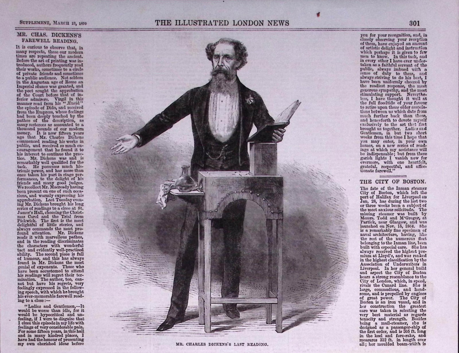 Charles Dickens Giving The Last Reading of His Works Antique Woodcut Illustration-5. - 2