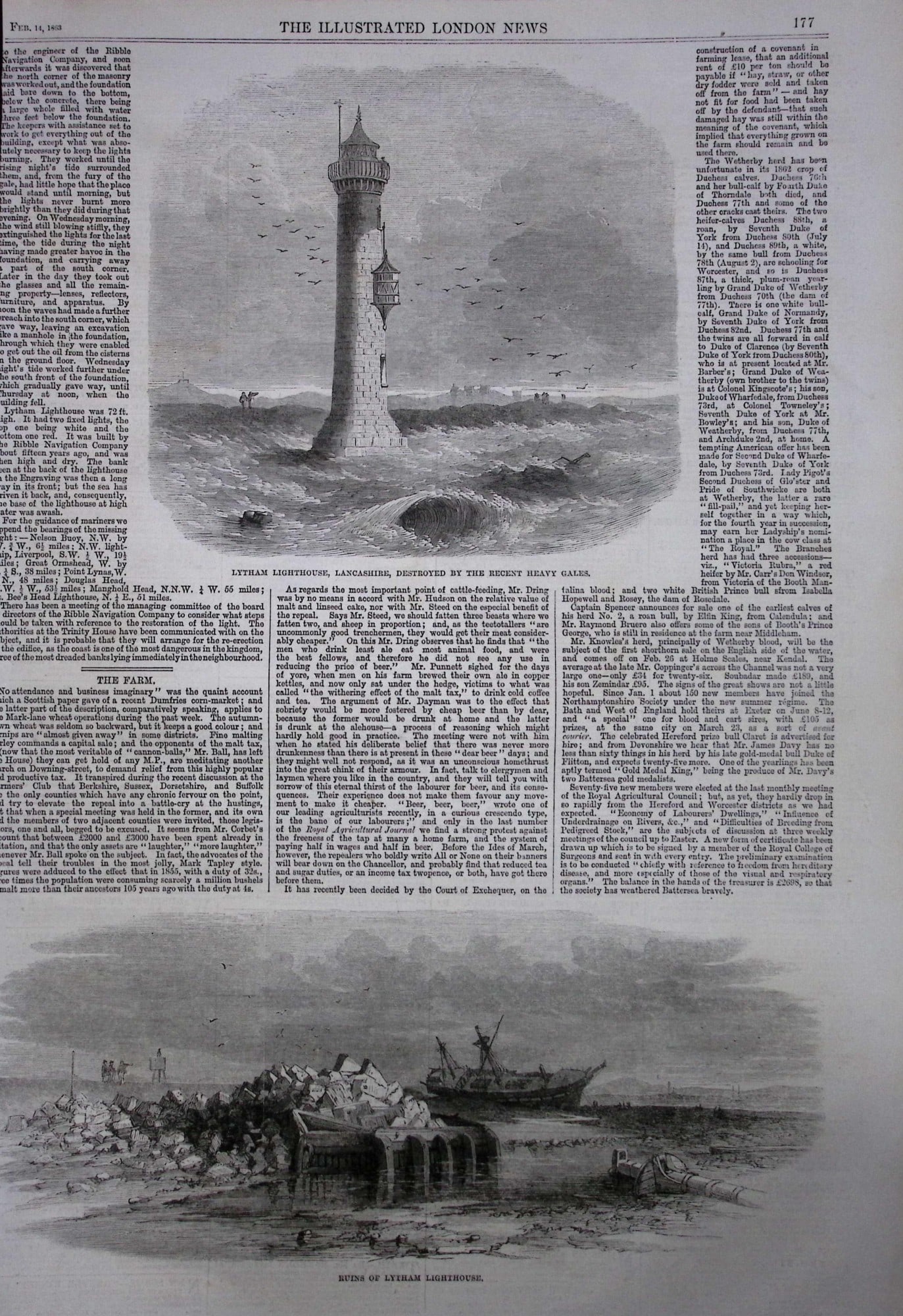 Lytham Lighthouse Destroyed In Heavy Gale 1863 Antique Woodcut Engraving. (1 of 1)