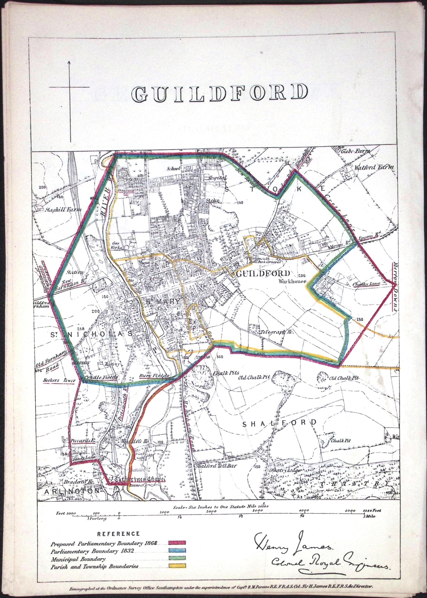Guildford London Boundary Commission 157-Year-Old Coloured Antique Map.: Title: Guildford London Boundary Commission 157-Year-Old Coloured Antique Map. Description: Guildford London Boundary Commission 157-Year-Old Coloured Antique Map. Original Antique Lithograph M