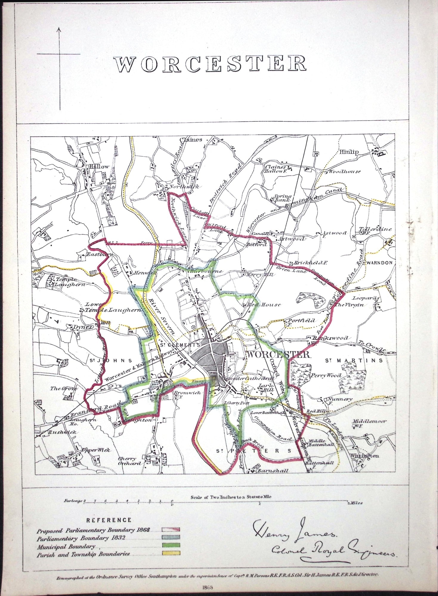 Worcester City & District Boundary Commission 157-Year-Old Coloured Antique Map. (1 of 1)