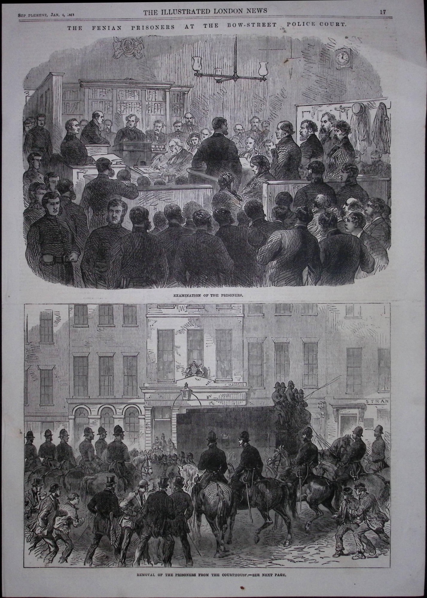 Irish Fenian Prisoners at The London Bow Street Police Court 1863 Woodcut.: Title: Irish Fenian Prisoners at The London Bow Street Police Court 1863 Woodcut. Description: Irish Fenian Prisoners at The London Bow Street Police Court 1863 Woodcut. This 160-Year-Old Antique