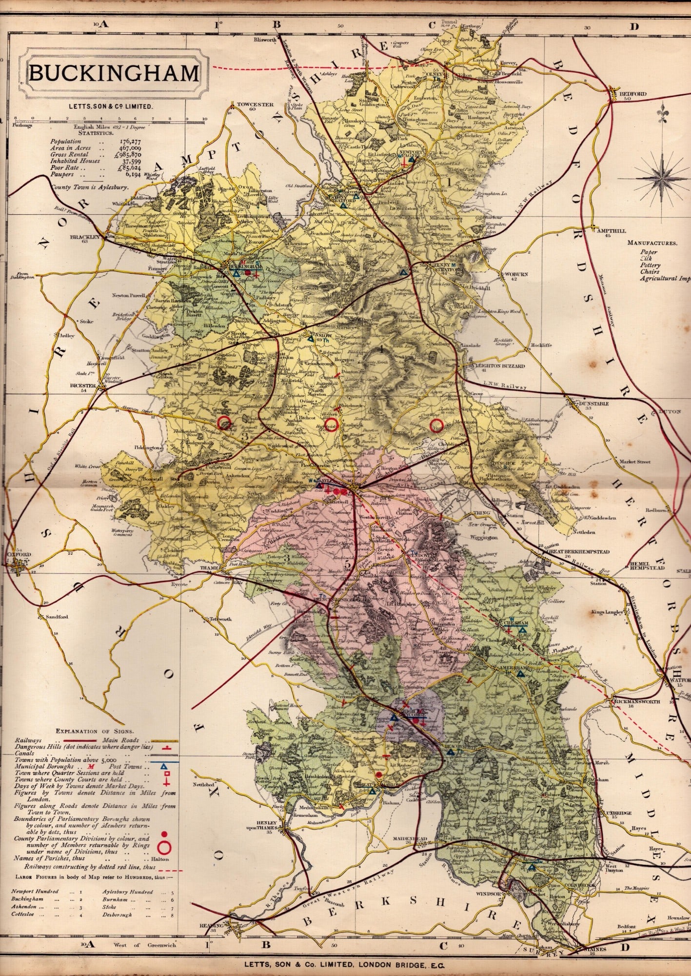 County Of Buckinghamshire Large Victorian Letts 1884 Antique Coloured Map. (1 of 2)