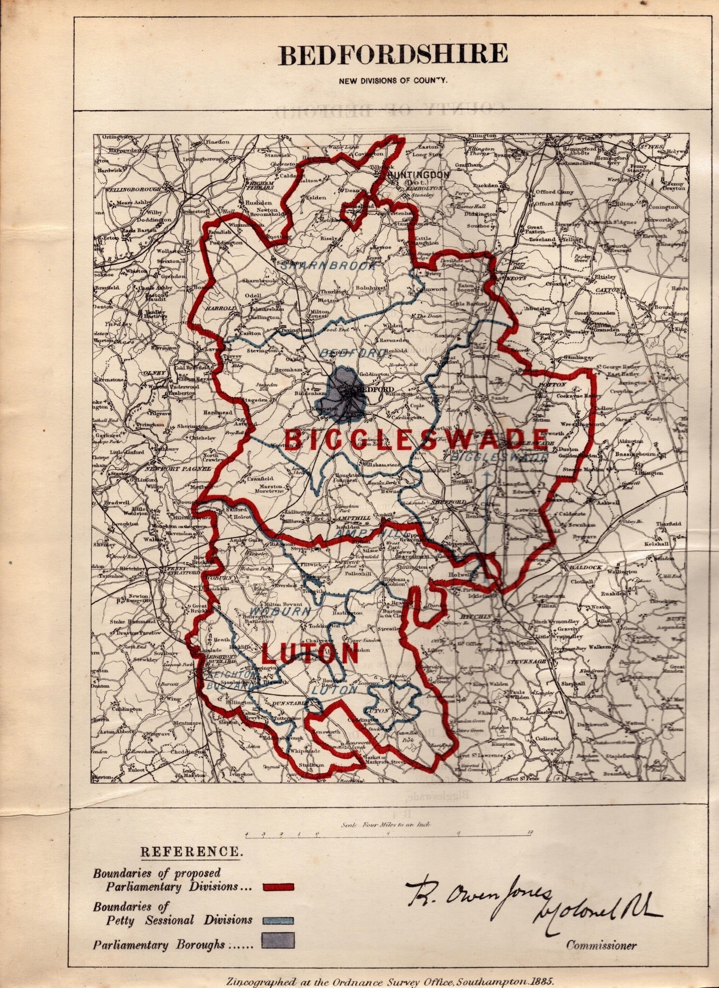 Antique 139 Years-Old Scarce Map of Bedfordshire Boundary Changes 1885. (1 of 2)