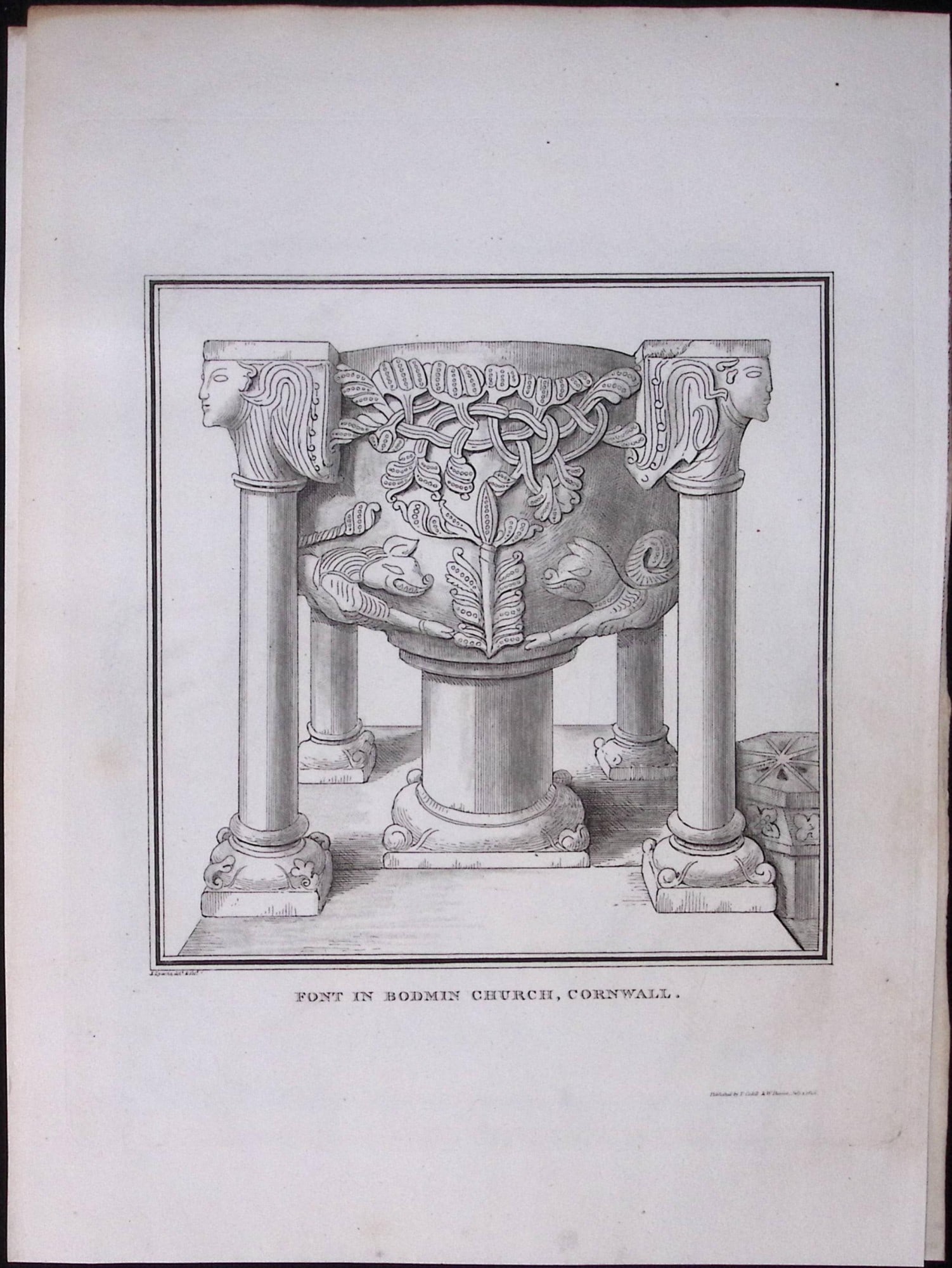 Cornwall Bodmin Church Font Rare Antique Copper Plate Etching By S Lyons (1 of 2)