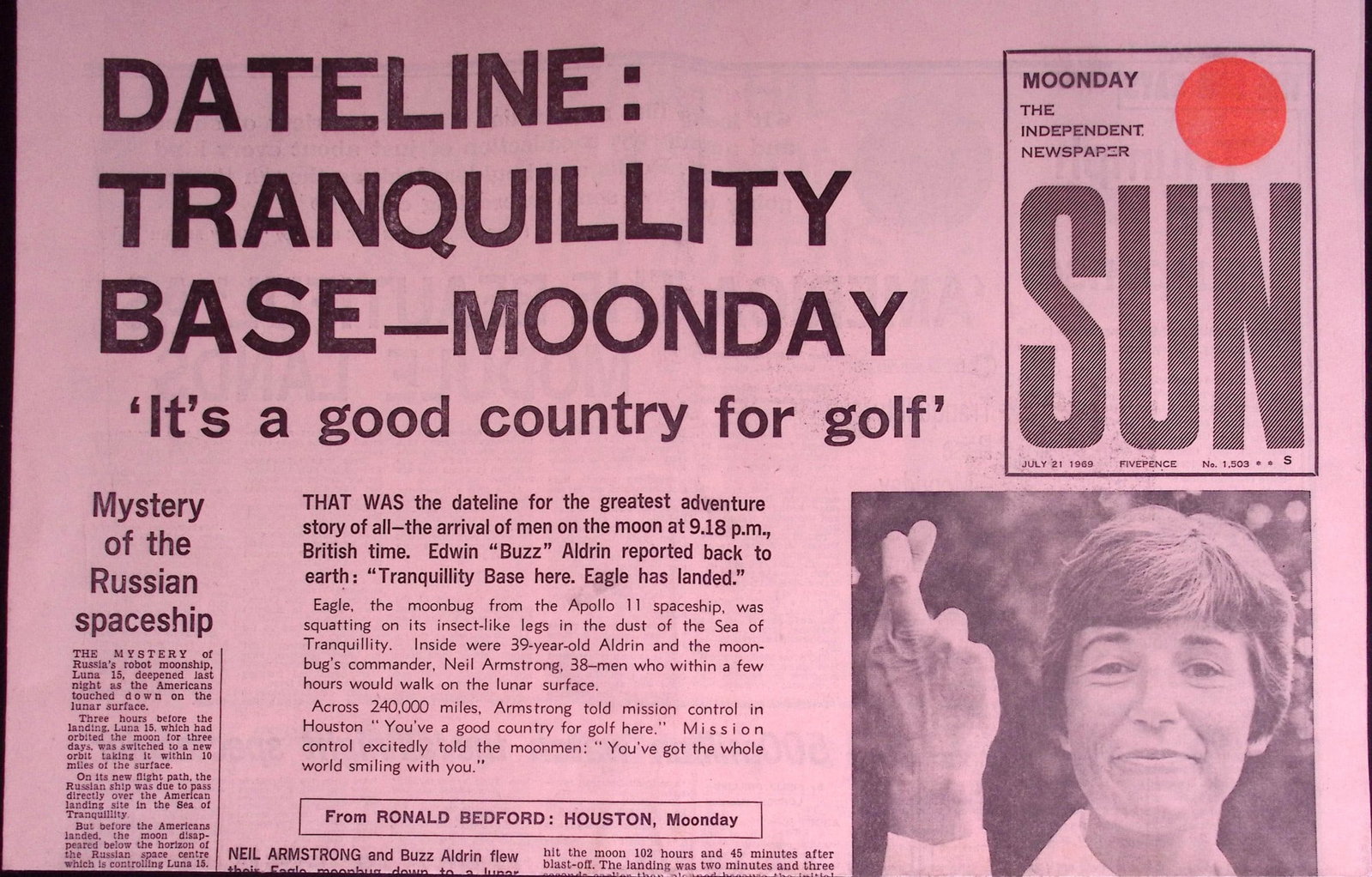 Apollo 11 Man on the Moon Front & Back Cover Sun Independence 1969 Newspaper (1 of 3)