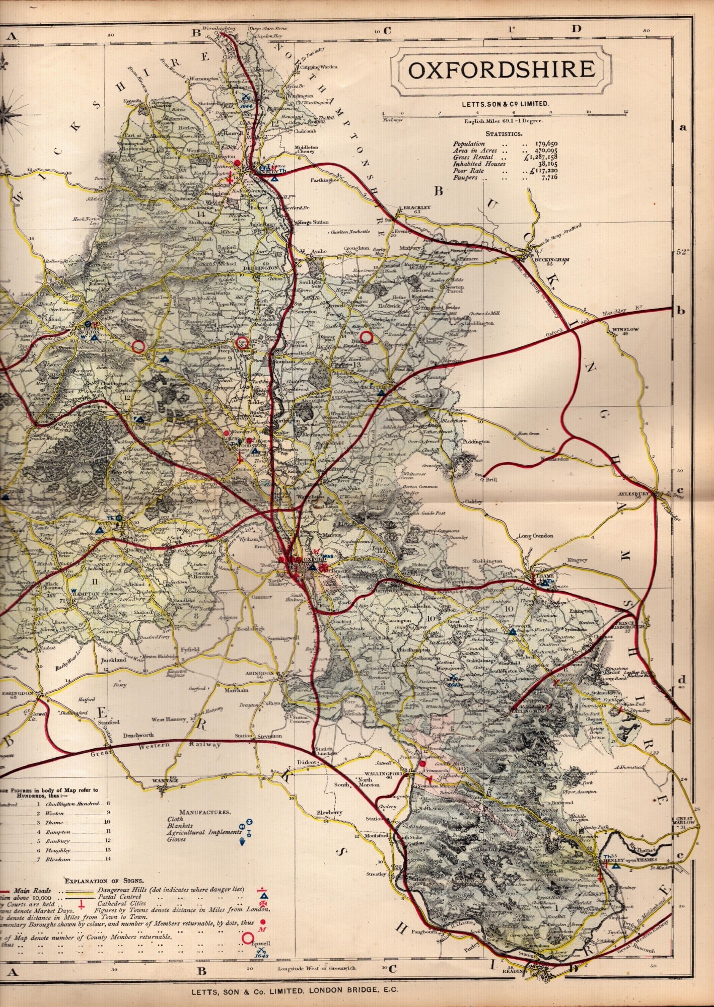 County of Oxfordshire Large Victorian Letts 1884 Antique Coloured Map. (1 of 2)