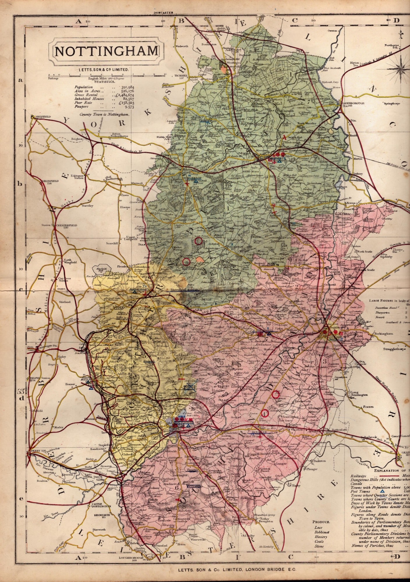 County of Nottingham Large Victorian Letts 1884 Antique Coloured Map.: Title: County of Nottingham Large Victorian Letts 1884 Antique Coloured Map. Description: Antique Map Which Was Removed from an Edition of Letts Popular Atlas. Published In 1884 During the Reig