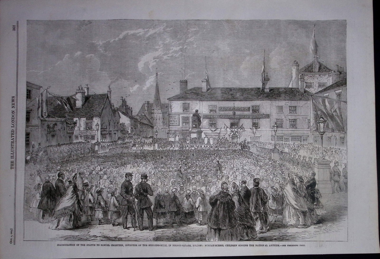 Samuel Crompton Statue Unveiling Nelson Square Bolton Antique Woodcut Engraving (1 of 1)