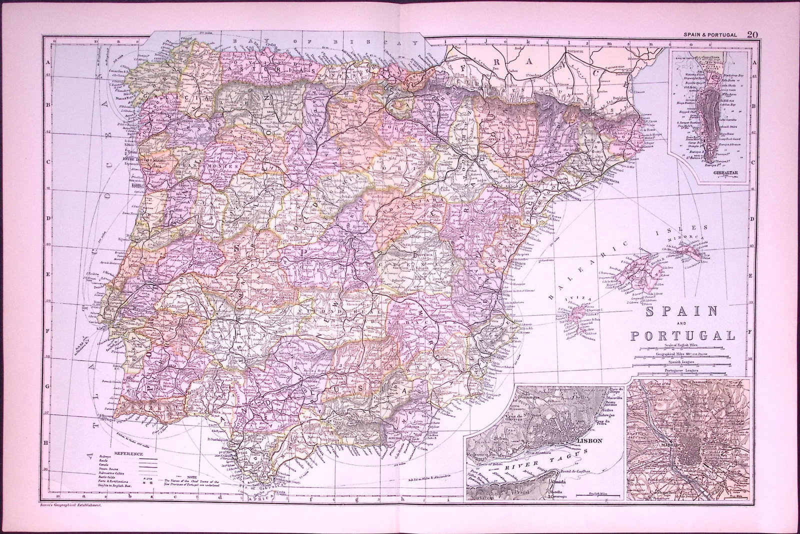 Spain & Portugal 120-Year-Old Large Antique Map by G.W. Bacon-20: Title: Spain & Portugal 120-Year-Old Large Antique Map by G.W. Bacon-20 Description: This Antique Map Has Been Removed from an Edition of. Bacons Popular Atlas of The World. Published In
