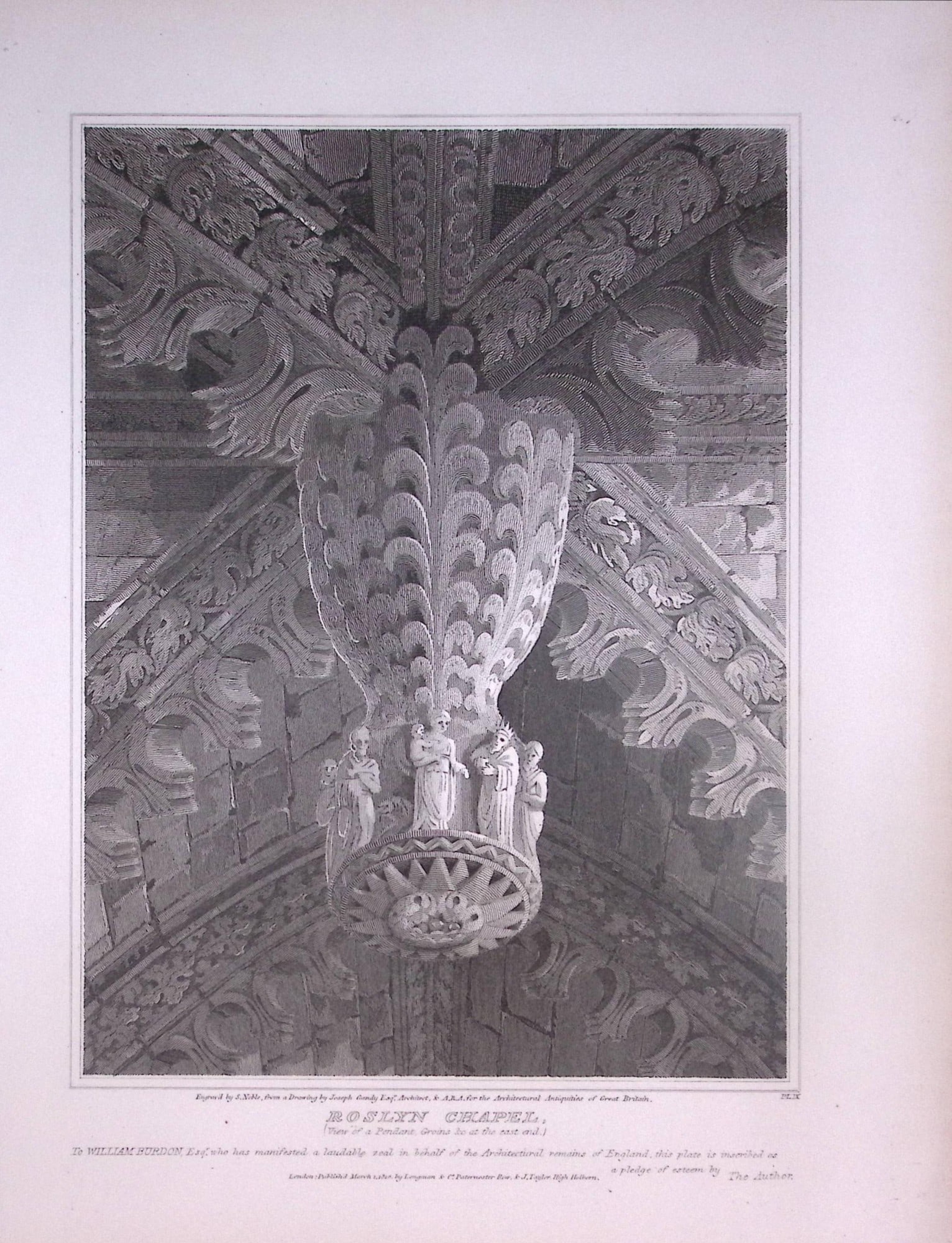 Rosslyn Chapel Scotland 190 Years-Old John Britton Antique Steel Engraving-314.: Title: Rosslyn Chapel Scotland 190 Years-Old John Britton Antique Steel Engraving-314. Description: This 191 Years-Old Steel Gilt-Edged Engraved Plate Has Been Removed from an Antique Edition