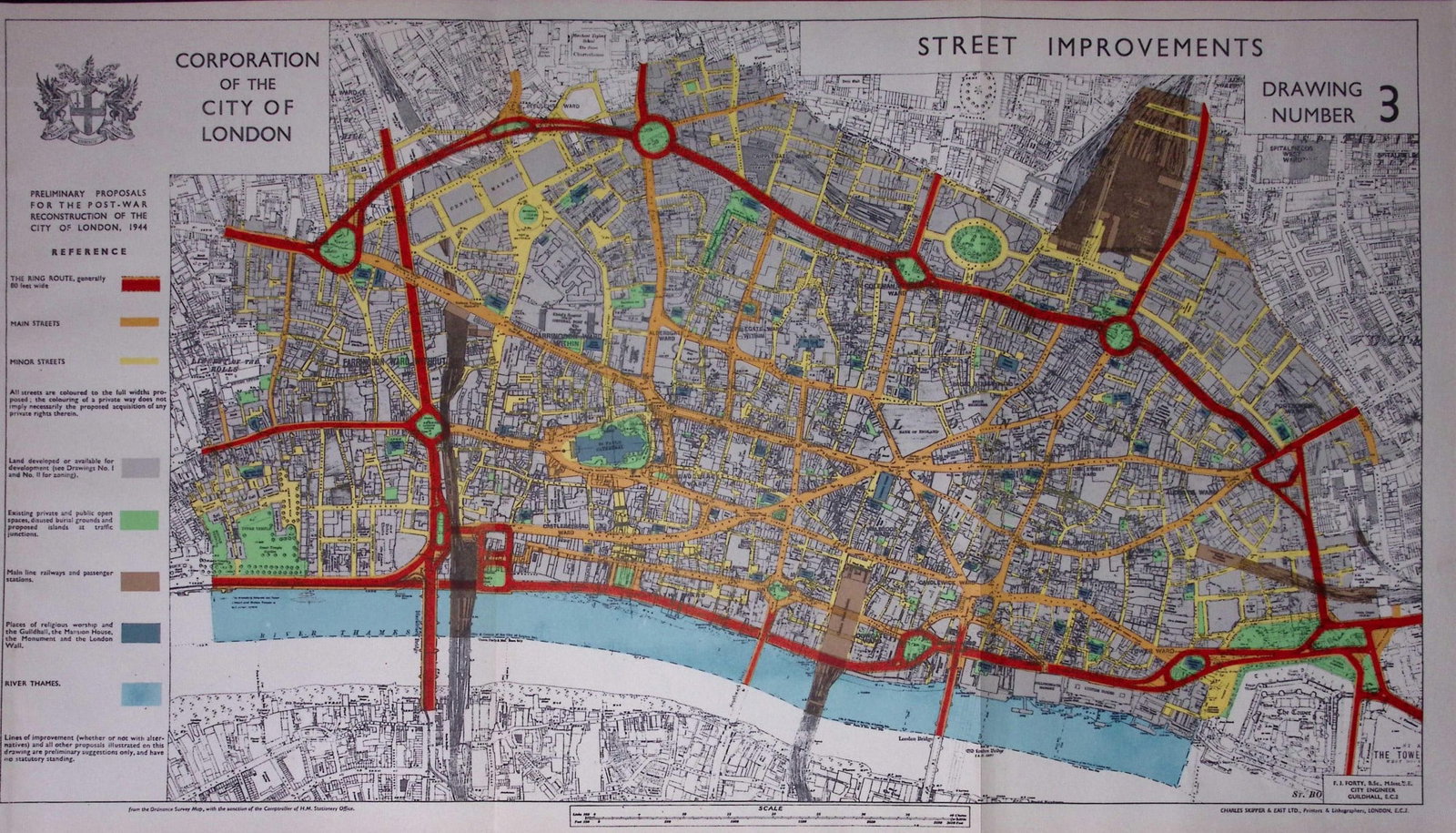 City of London Post-War Street Improvements Detailed Plan 1944 Map-6: Title: City of London Post-War Street Improvements Detailed Plan 1944 Map-6 Description: This is a Large Folding Map and Measures Approx 33.5 x 57.5 (cm) 13.25 x 22.5 (Inches). This Vintage Colour