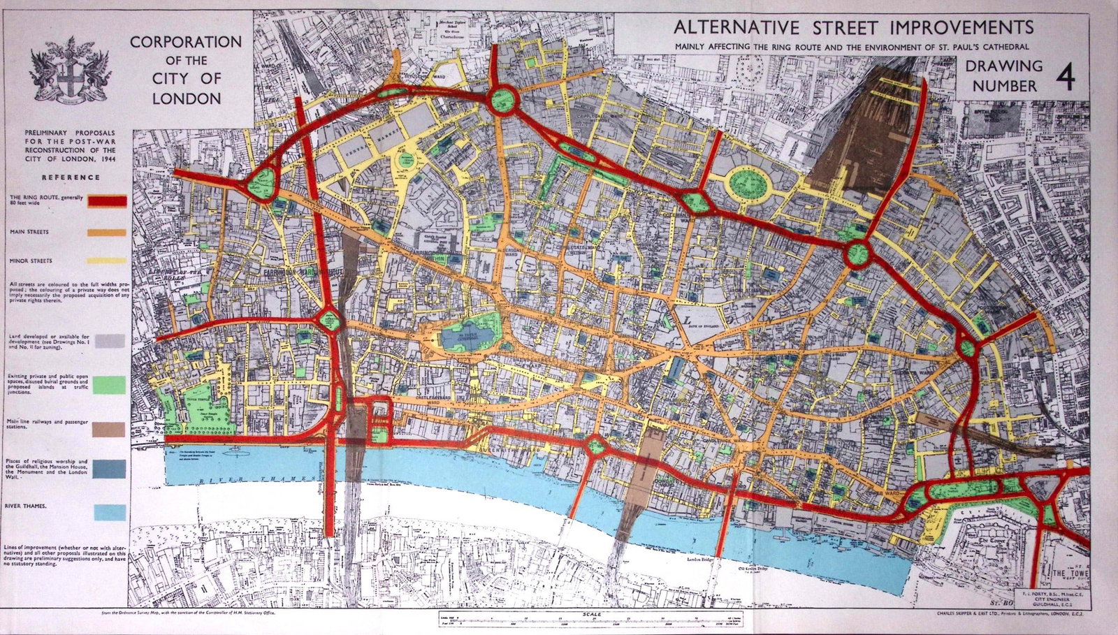 City of London Post-War Reconstruction Alternative Street Improvements 1944 Map-19: Title: City of London Post-War Reconstruction Alternative Street Improvements 1944 Map-19 Description: This is a Large Folding Map and Measures Approx 33.5 x 57.5 (cm) 13.25 x 22.5 (Inches). This