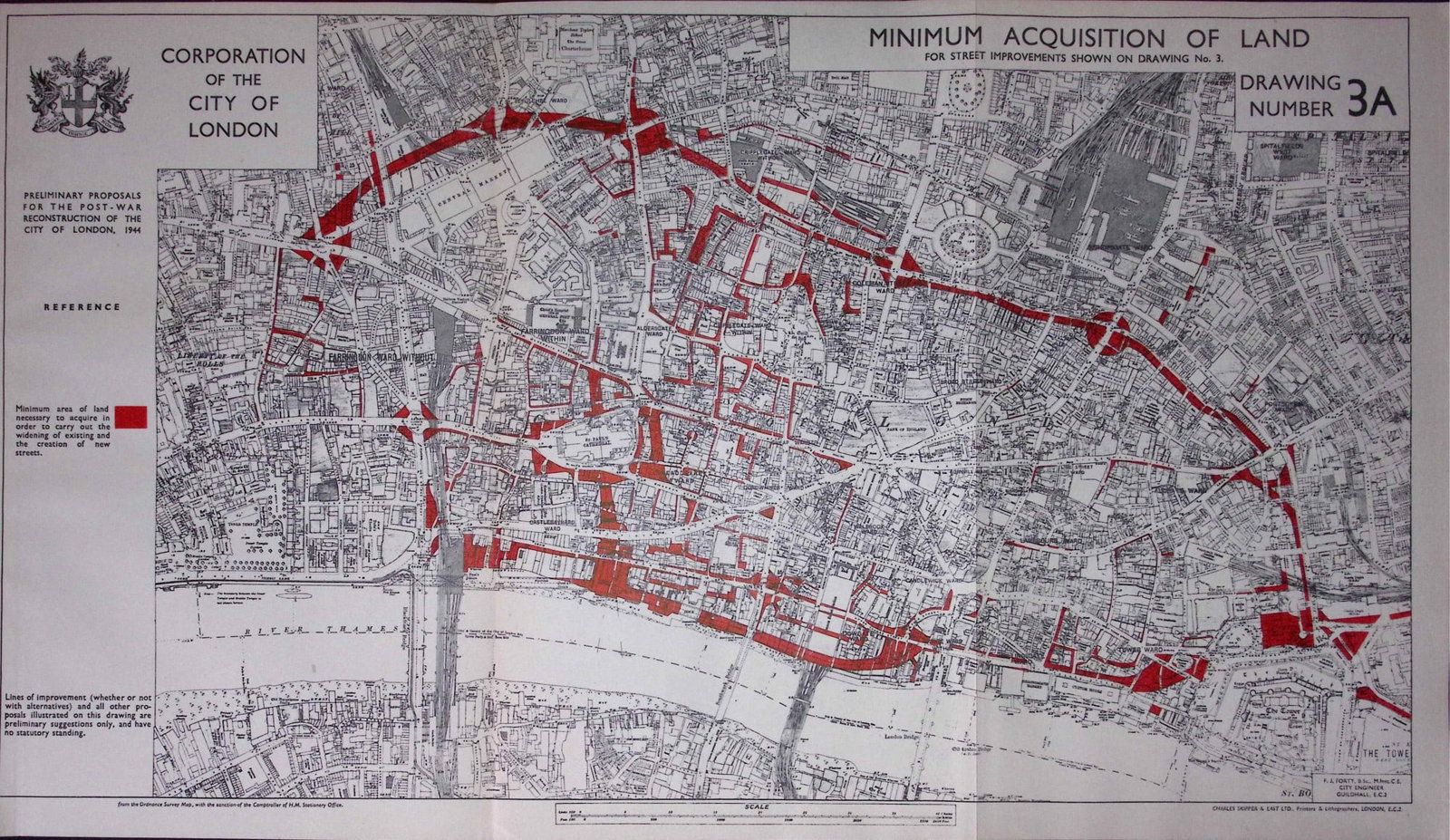 City of London Post-War Reconstruction Minimum Land Acquisition 1944 Map-14: Title: City of London Post-War Reconstruction Minimum Land Acquisition 1944 Map-14 Description: This is a Large Folding Map and Measures Approx 33.5 x 57.5 (cm) 13.25 x 22.5 (Inches). This Vintage