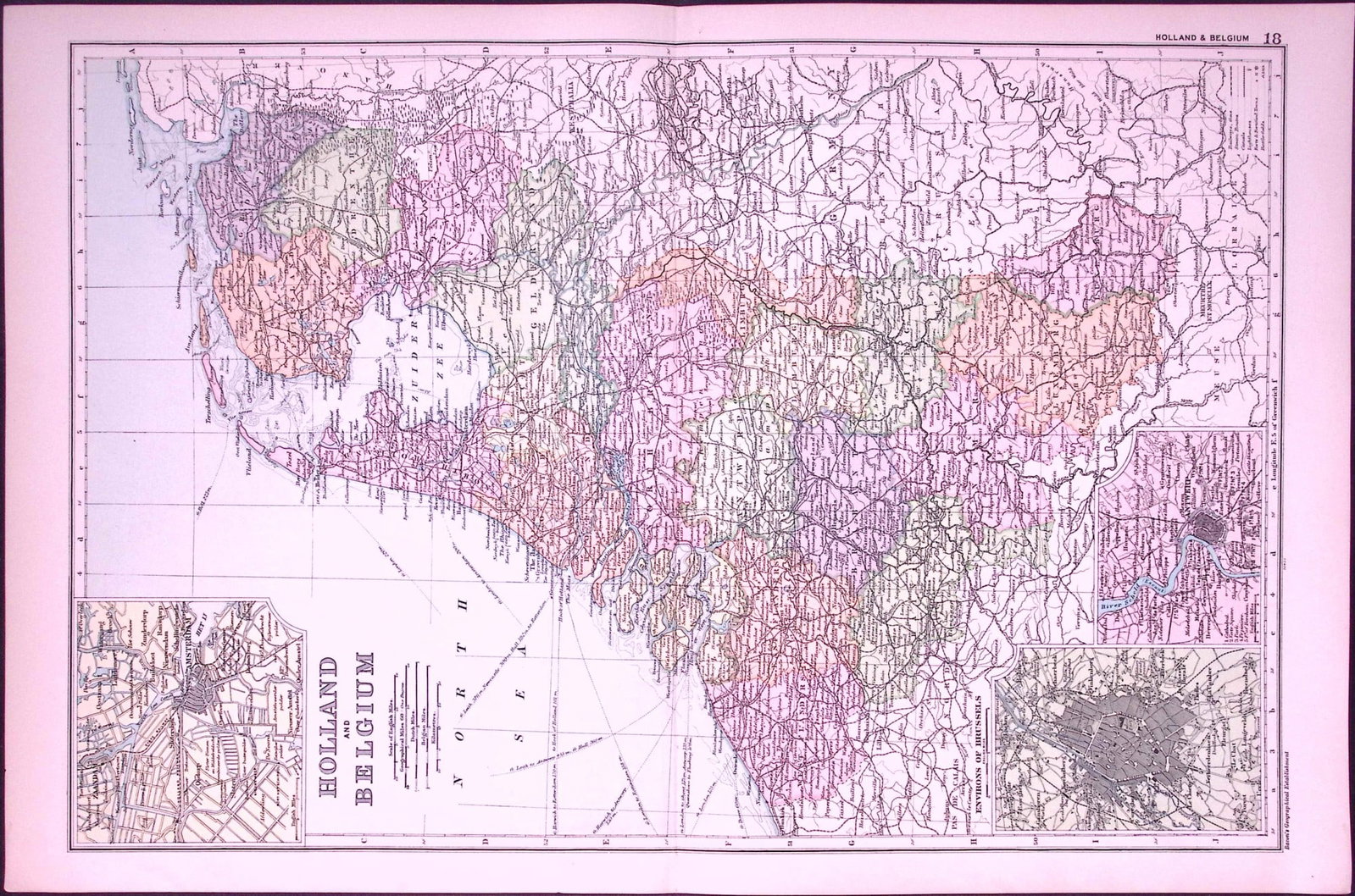 Holland & Belgium 120-Year-Old Large Coloured Antique Map by G.W. Bacon-18: Title: Holland & Belgium 120-Year-Old Large Coloured Antique Map by G.W. Bacon-18 Description: This Antique Map Has Been Removed from an Edition of. Bacons Popular Atlas of The World. P