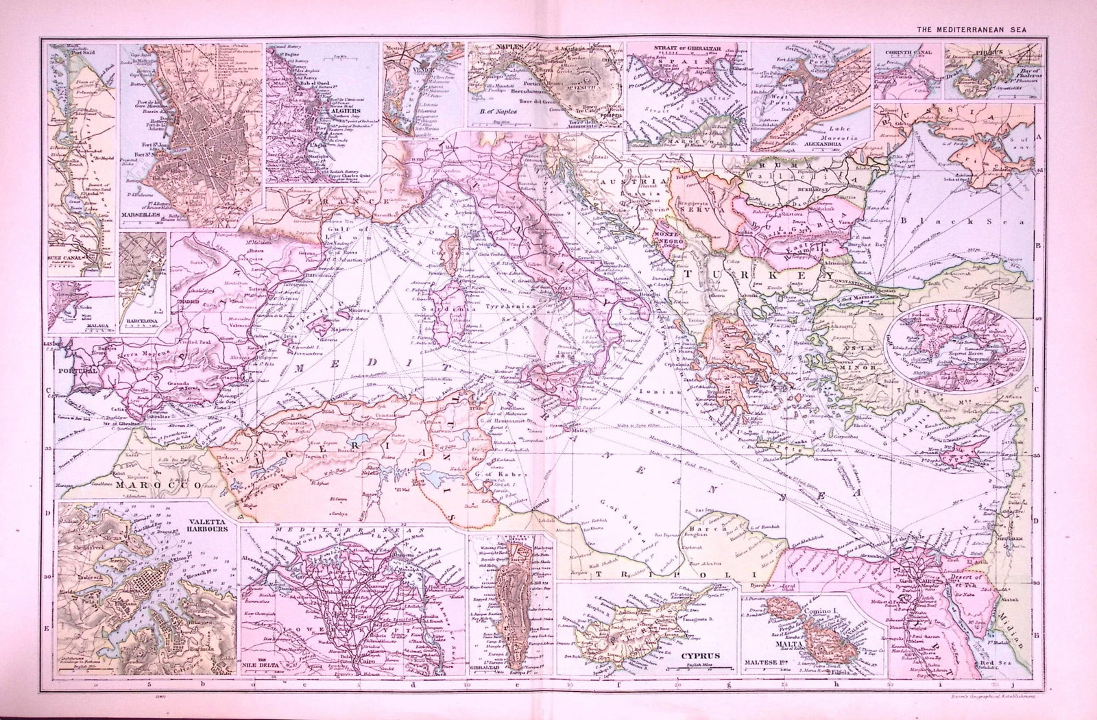 The Mediterranean 120-Year-Old Large Antique Map by G.W. Bacon-29: Title: The Mediterranean 120-Year-Old Large Antique Map by G.W. Bacon-29 Description: This Antique Map Has Been Removed from an Edition of. Bacons Popular Atlas of The World. Published In 1906 