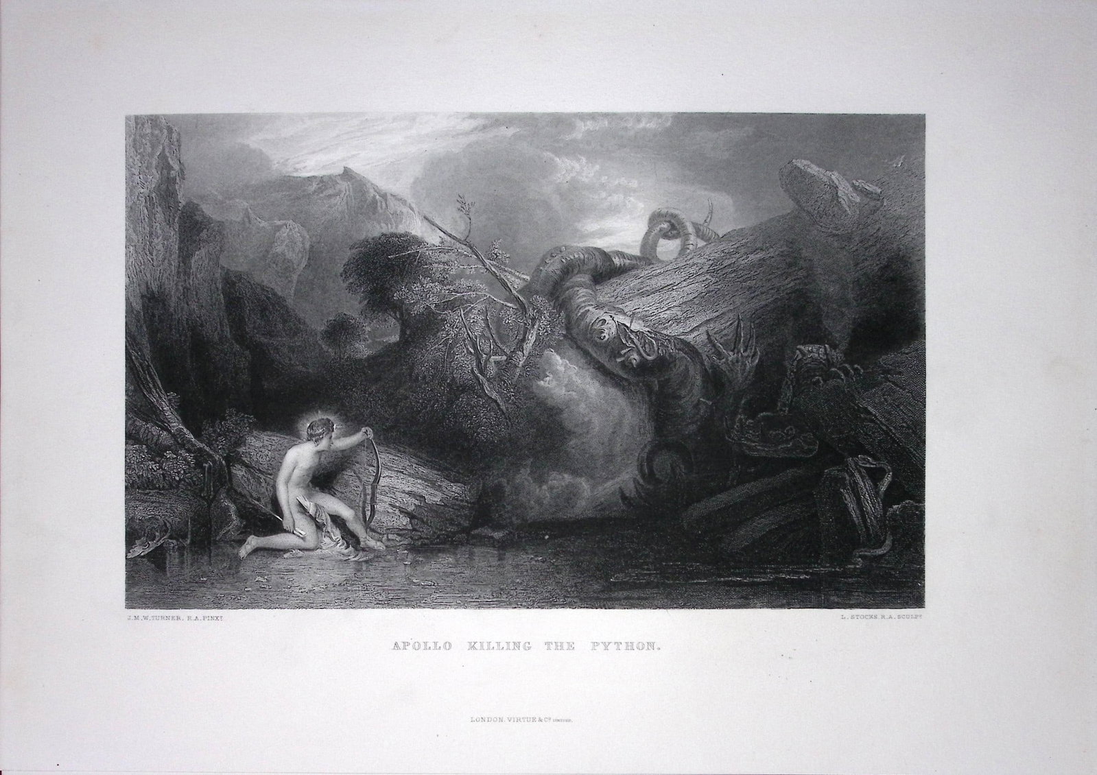 J.M.W Turner Apollo Killing The Python Antique Steel Engraving-66-TR: Title: J.M.W Turner Apollo Killing The Python Antique Steel Engraving-66-TR Description: This Antique Steel-Engraving Was Removed from an Edition Of. The Turner Gallery a Series of 120