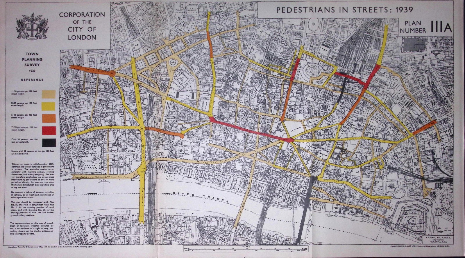 City of London Pedestrians in The Street 1939-1944 Coloured Map-9: Title: City of London Pedestrians in The Street 1939-1944 Coloured Map-9 Description: This is a Large Folding Map and Measures Approx 33.5 x 57.5 (cm) 13.25 x 22.5 (Inches). This Vintage Colour