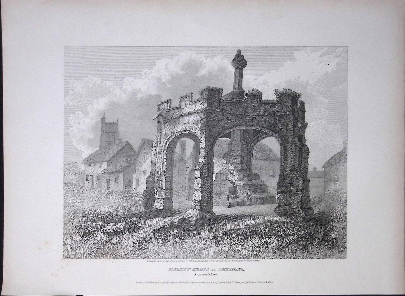 Market Cross At Cheddar Rare John Britton 191 Years-Old Antique Steel Engraving-27: Title: Market Cross At Cheddar Rare John Britton 191 Years-Old Antique Steel Engraving-27 Description: This 191 Years-Old Steel Gilt-Edged Engraved Plate Has Been Removed from an Antique Edition of