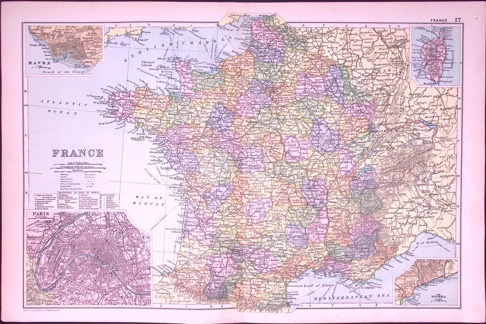France & Paris 120-Year-Old Large Coloured Antique Map by G.W. Bacon-17: Title: France & Paris 120-Year-Old Large Coloured Antique Map by G.W. Bacon-17 Description: This Antique Map Has Been Removed from an Edition of. Bacons Popular Atlas of The World. Publ