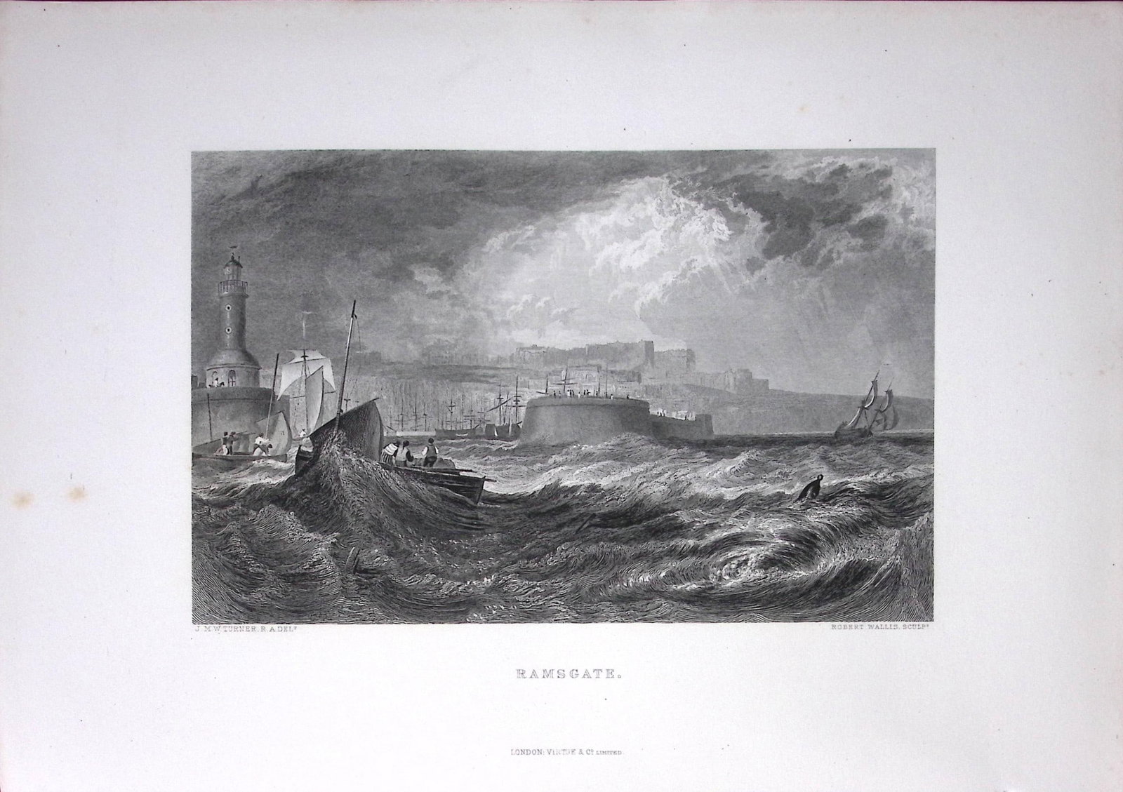 J.M.W Turner View of Ramsgate Port & Town Antique Steel Engraving-82-TR: Title: J.M.W Turner View of Ramsgate Port & Town Antique Steel Engraving-82-TR Description: This Antique Steel-Engraving Was Removed from an Edition Of. The Turner Gallery a Series of