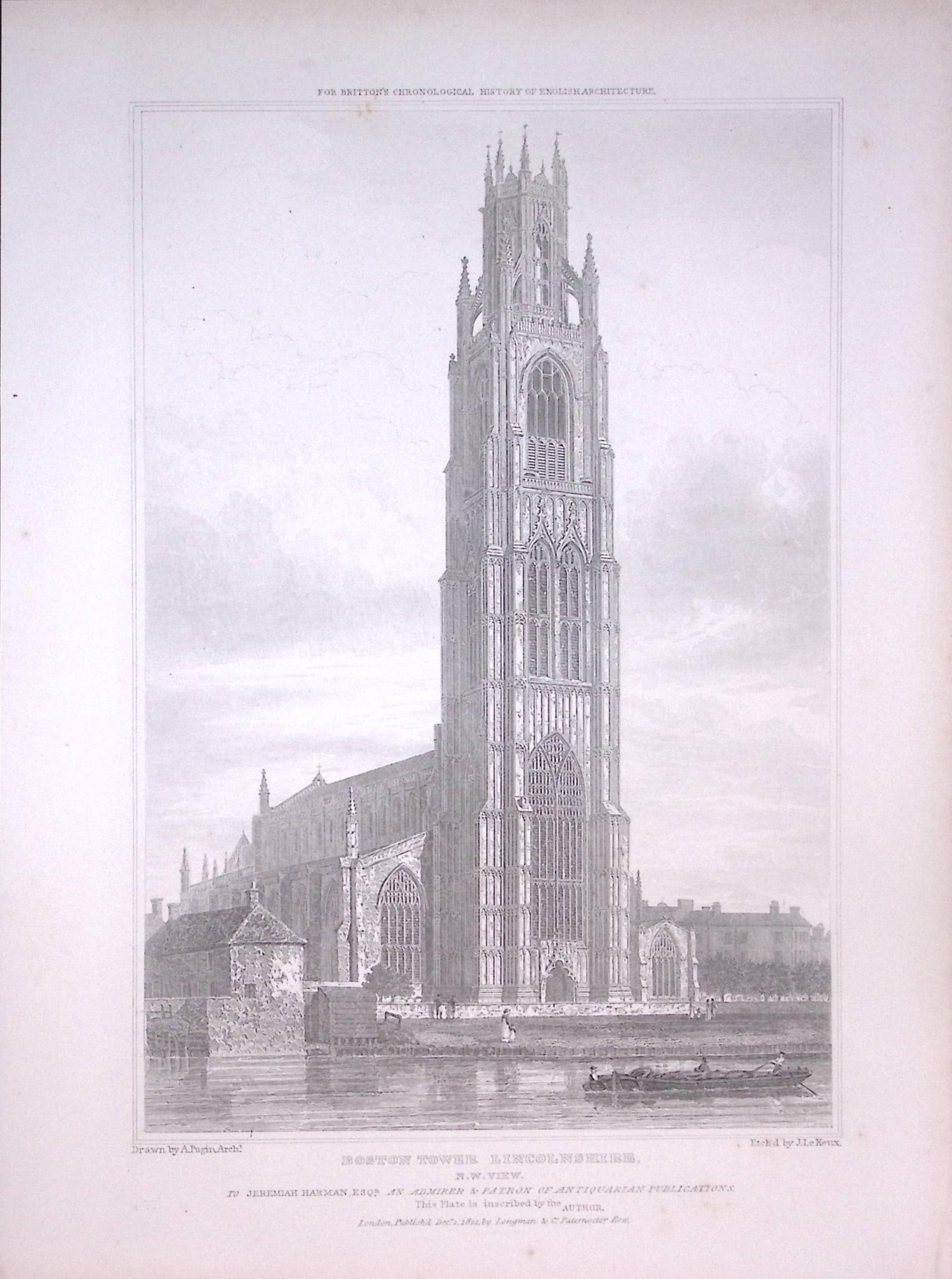 Boston Tower Lincolnshire 190 Years-Old John Britton Antique Steel Engraving-324.: Title: Boston Tower Lincolnshire 190 Years-Old John Britton Antique Steel Engraving-324. Description: This 191 Years-Old Steel Gilt-Edged Engraved Plate Has Been Removed from an Antique Edition