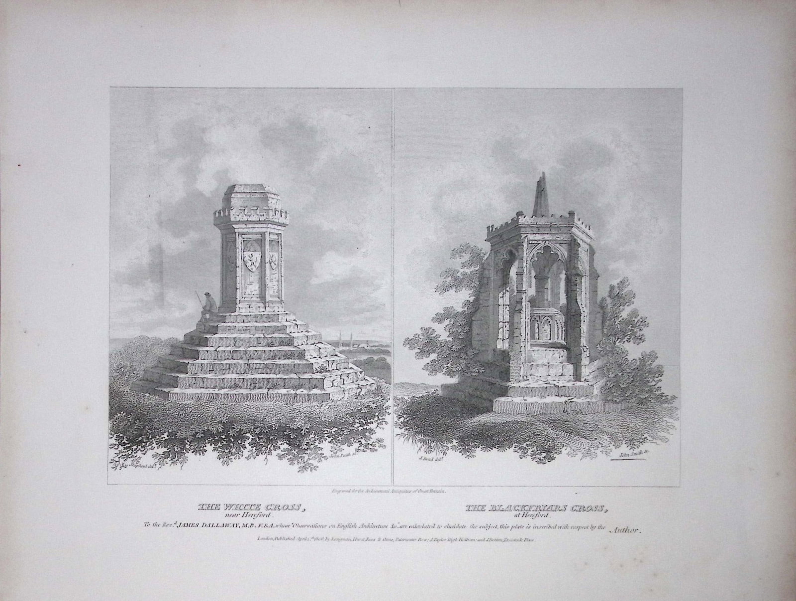 White & Blackfriars Cross Hertford 190 Years-Old John Britton Antique Steel Engraving-59: Title: White & Blackfriars Cross Hertford 190 Years-Old John Britton Antique Steel Engraving-59 Description: This 191 Years-Old Steel Gilt-Edged Engraved Plate Has Been Removed from an Antique