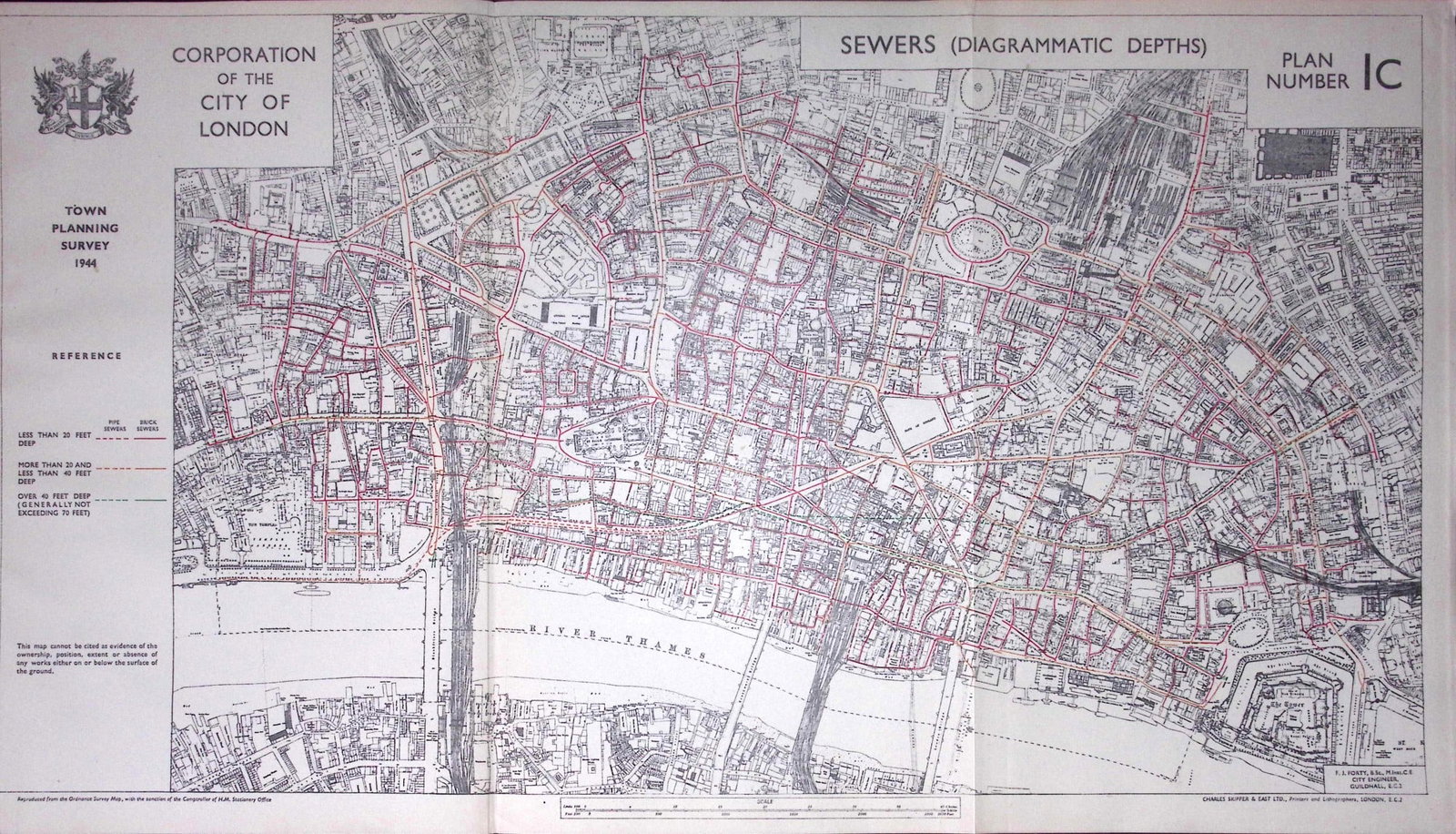 City of London Reconstruction Sewers Diagrammatic Depths 1944 Map-8: Title: City of London Reconstruction Sewers Diagrammatic Depths 1944 Map-8 Description: This is a Large Folding Map and Measures Approx 33.5 x 57.5 (cm) 13.25 x 22.5 (Inches). This Vintage Colo