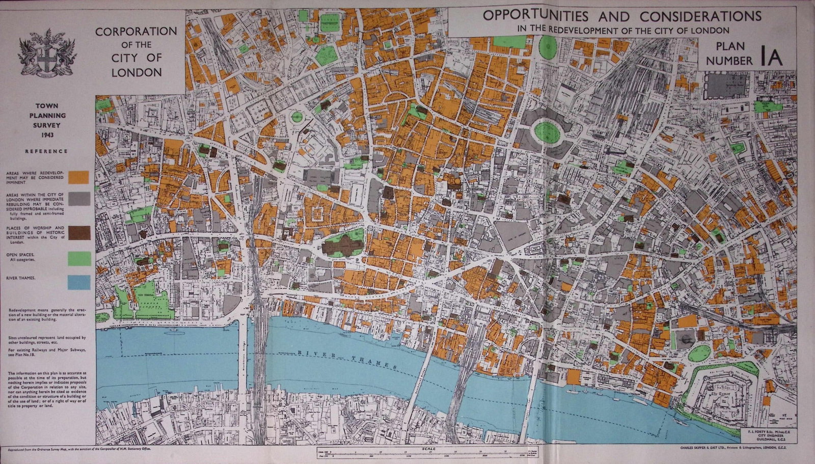 City of London Post War Opportunities & Considerations Schemes 1944 Map-10: Title: City of London Post War Opportunities & Considerations Schemes 1944 Map-10 Description: This is a Large Folding Map and Measures Approx 33.5 x 57.5 (cm) 13.25 x 22.5 (Inches). This Vintage