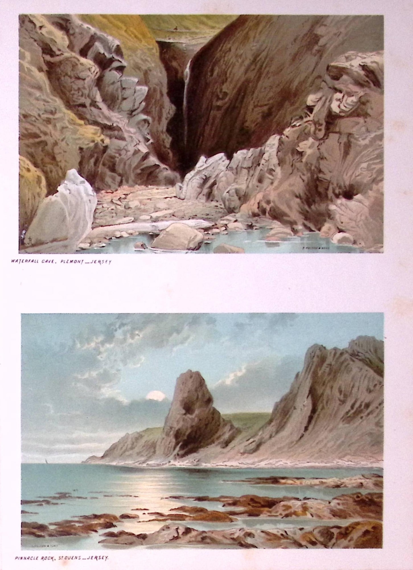Jersey Pinnacle Rock & Plemont Waterfall Victorian Antique Double Print-47: Title: Jersey Pinnacle Rock & Plemont Waterfall Victorian Antique Double Print-47 Description: This Antique Illustration Has Been Removed from a First Edition of. English Scenery Cities,