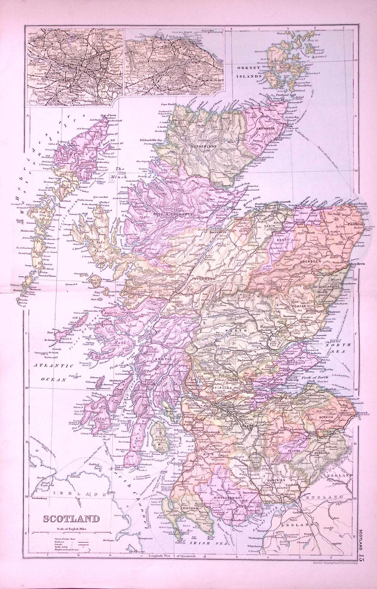 Scotland Edinburgh & Glasgow 120-Year-Old Large Antique Map by G.W. Bacon-15: Title: Scotland Edinburgh & Glasgow 120-Year-Old Large Antique Map by G.W. Bacon-15 Description: This Antique Map Has Been Removed from an Edition of. Bacons Popular Atlas of The World. Published
