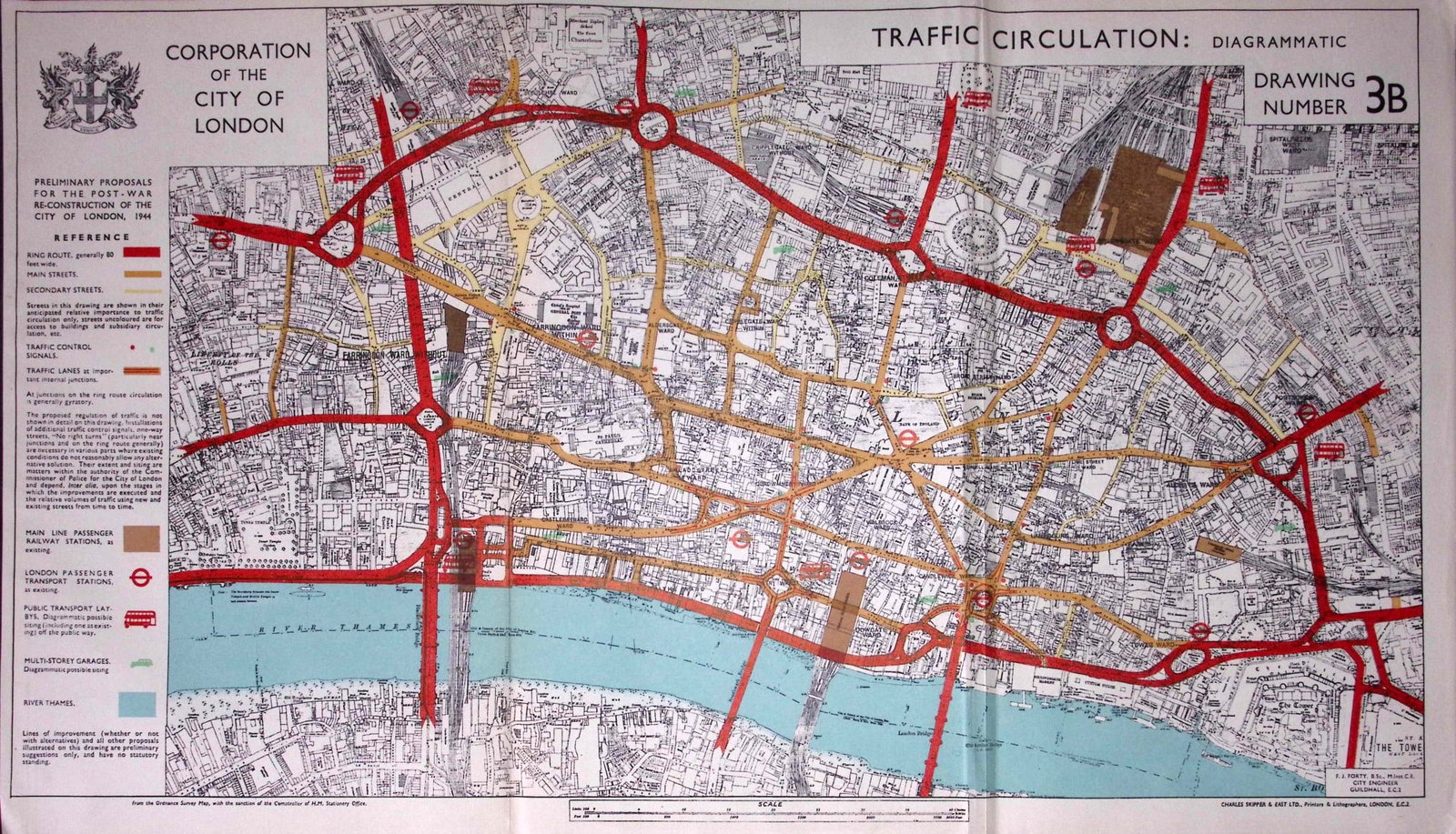 City of London Post-War Traffic Circulation Diagrammatic 1944 Map-4b: Title: City of London Post-War Traffic Circulation Diagrammatic 1944 Map-4b Description: This is a Large Folding Map and Measures Approx 33.5 x 57.5 (cm) 13.25 x 22.5 (Inches). This Vintage Colour