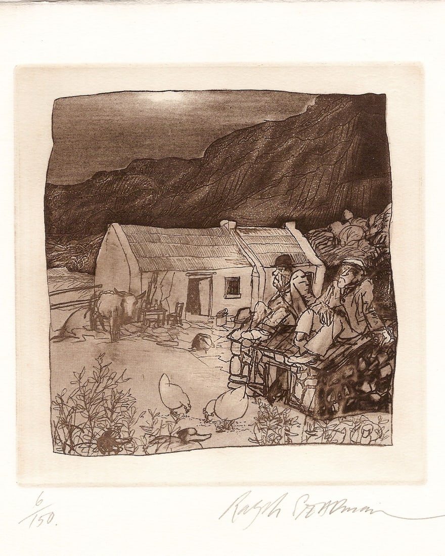Ralph Steadman My Poor Mouth Irish Cottage Original Etching 16 x 16 cm Hand Signed: Title: Ralph Steadman My Poor Mouth Irish Cottage Original Etching 16 x 16 cm Hand Signed Description: Created as the illustration for the famous book My Poor Mouth, the prints were stored at Bernard