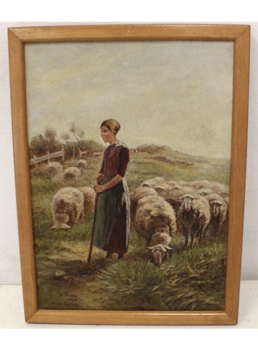A. Rizzo Woman With Sheep; Oil Painting: Title: A. Rizzo Woman With Sheep; Oil Painting Description: Dated: 1960 Medium: Oil on canvas Height: 10 x 7 width inches Signed by artist Condition: No damage to the painting 