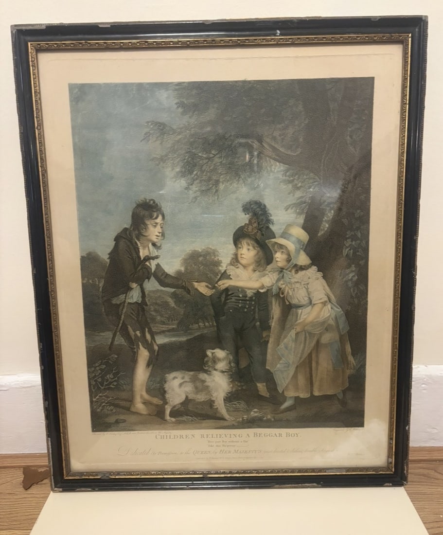 After Sir William Beechey (1753-1839) “ Children Relieving A Beggar: Title: After Sir William Beechey (1753-1839) “ Children Relieving A Beggar Description: Early 19 th century Coloured engraving 66 cm x 55 cm It is based on a 1793 painting by the