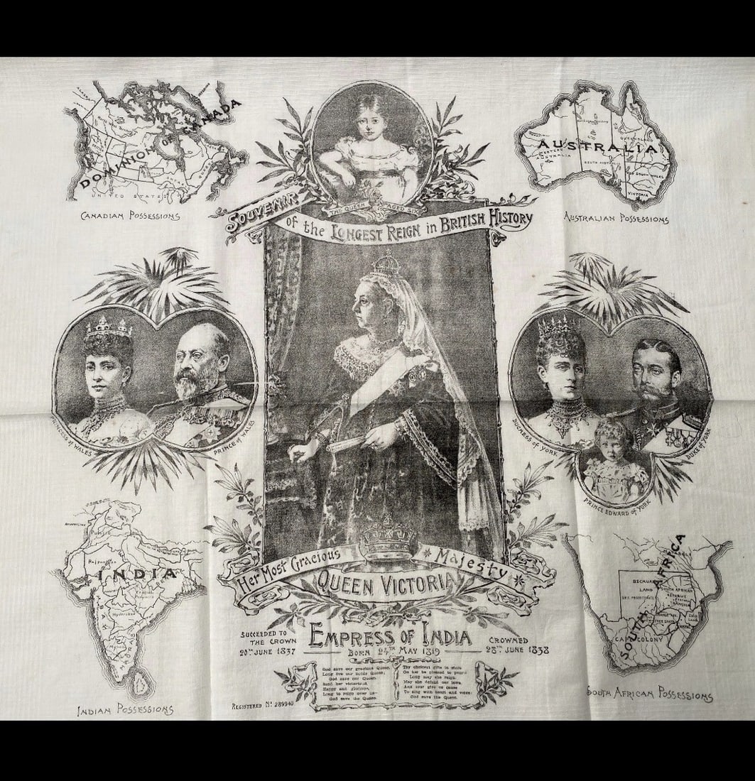 Handkerchief Commemorating Queen Victoria's Record-Breaking Reign: Title: Handkerchief Commemorating Queen Victoria's Record-Breaking Reign Description: Souvenir of the Longest Reign in British History. Her Most Gracious Majesty Queen Victoria n.d.,c .1897, cotton