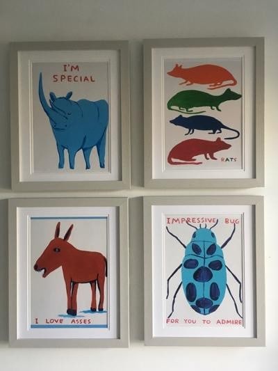 David Shrigley OBE (b 1968) ‘Safari’, Four Humorous Wall Hangings, Animal Thoughts, 2020 - 6