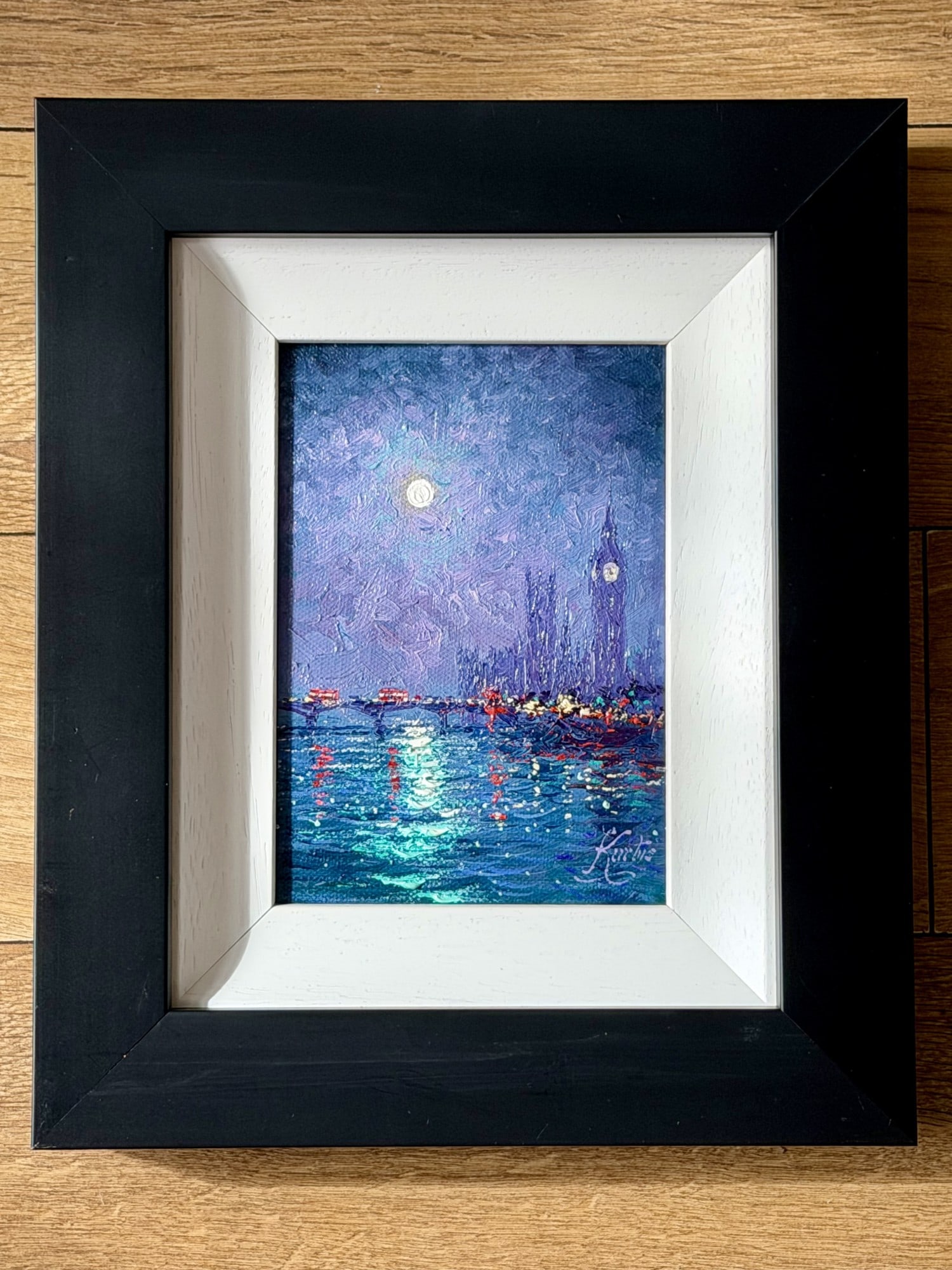 'Moonlight Across Westminster: Title: 'Moonlight Across Westminster Description: A framed original oil painting on canvas by Andrew Grant Kurtis titled 'Moonlight Across Westmister'. Approx 7" height, 5" width. Professionally