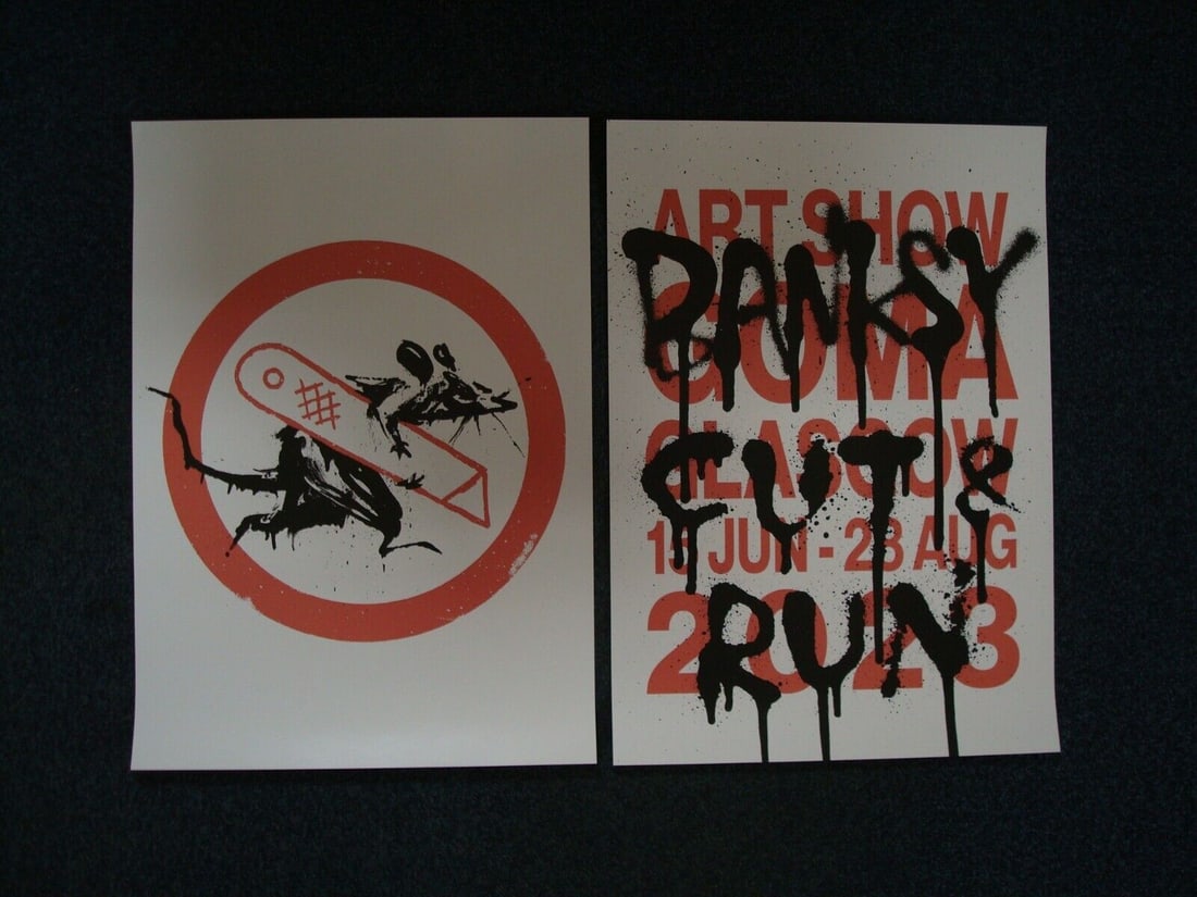 Banksy (b.1974) 2 Posters Cut & Run and Rat Run Rat From '25 Years Card labour’ Exhibition GOM: Title: Banksy (b.1974) 2 Posters Cut & Run and Rat Run Rat From '25 Years Card labour’ Exhibition GOMA 23 Description: Banksy (b.1974) Authorised ‘CUT & RUN' Posters from Banksys