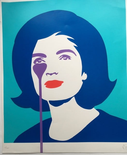 Pure Evil (English 1968) Purple ‘Jackie Kennedy In Tears’, Screenprint, Signed Numbered : Title: Pure Evil (English 1968) Purple ‘Jackie Kennedy In Tears’, Screenprint, Signed Numbered Limited Edit Description: PURE EVIL (English 1968) AQUA ‘Jackie Kennedy in