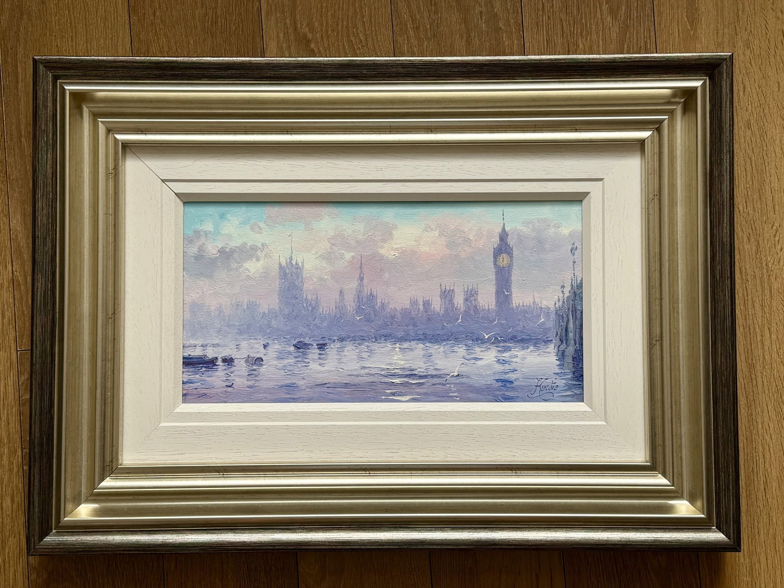 'Morning Haze The Thames 2' Original Oil On Canvas By Andrew Grant Kurtis: Title: 'Morning Haze The Thames 2' Original Oil On Canvas By Andrew Grant Kurtis Description: A framed original oil painting by Andrew Grant Kurtis titled 'Morning Haze The Thames 2'. Approx 8"