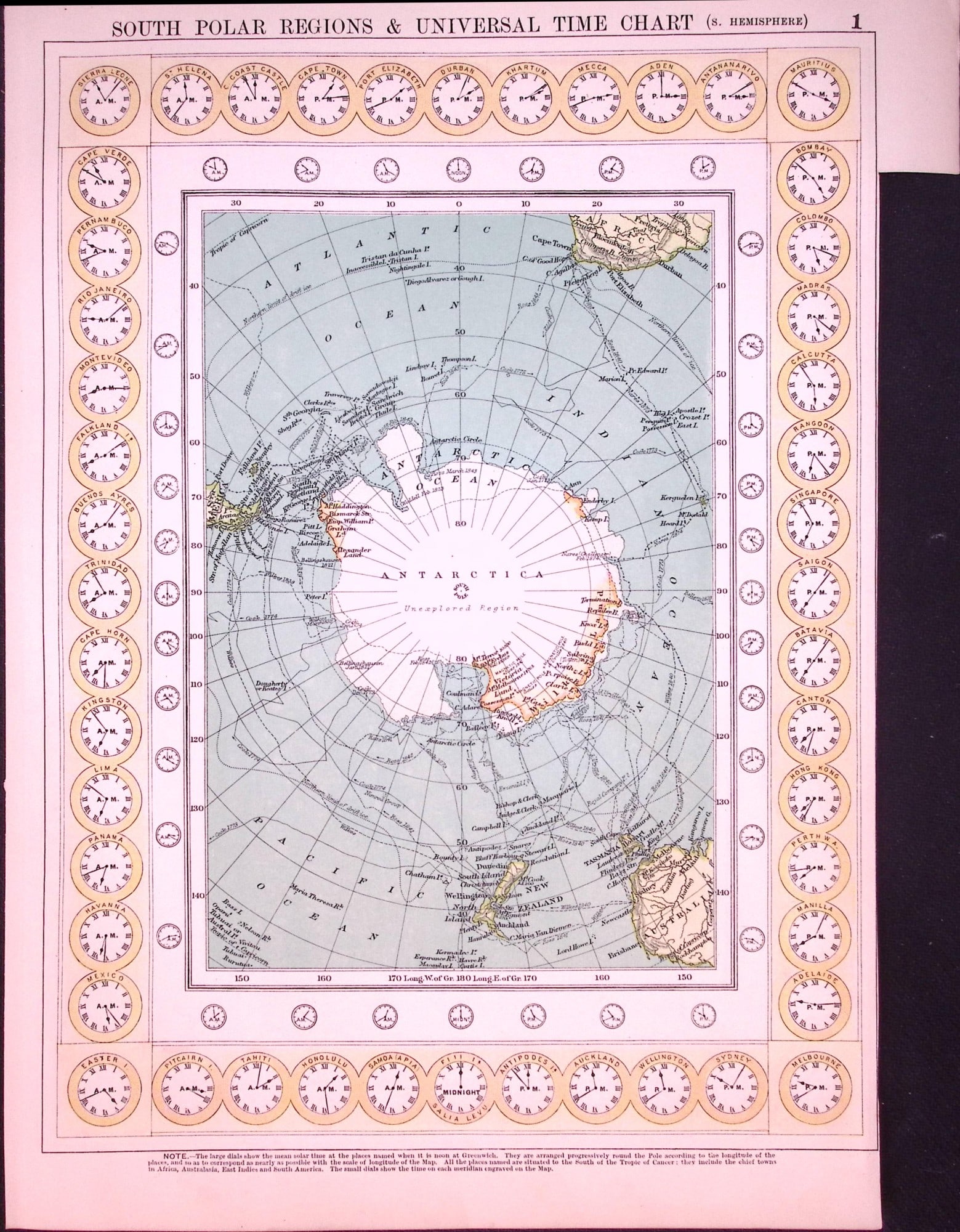 South Polar Regions Time Chart 120-Year-Old Antique Map by G.W. Bacon: Title: South Polar Regions Time Chart 120-Year-Old Antique Map by G.W. Bacon Description: South Polar Regions Time Chart 120-Year-Old Antique Map by G.W. Bacon. This Antique Map Has Been
