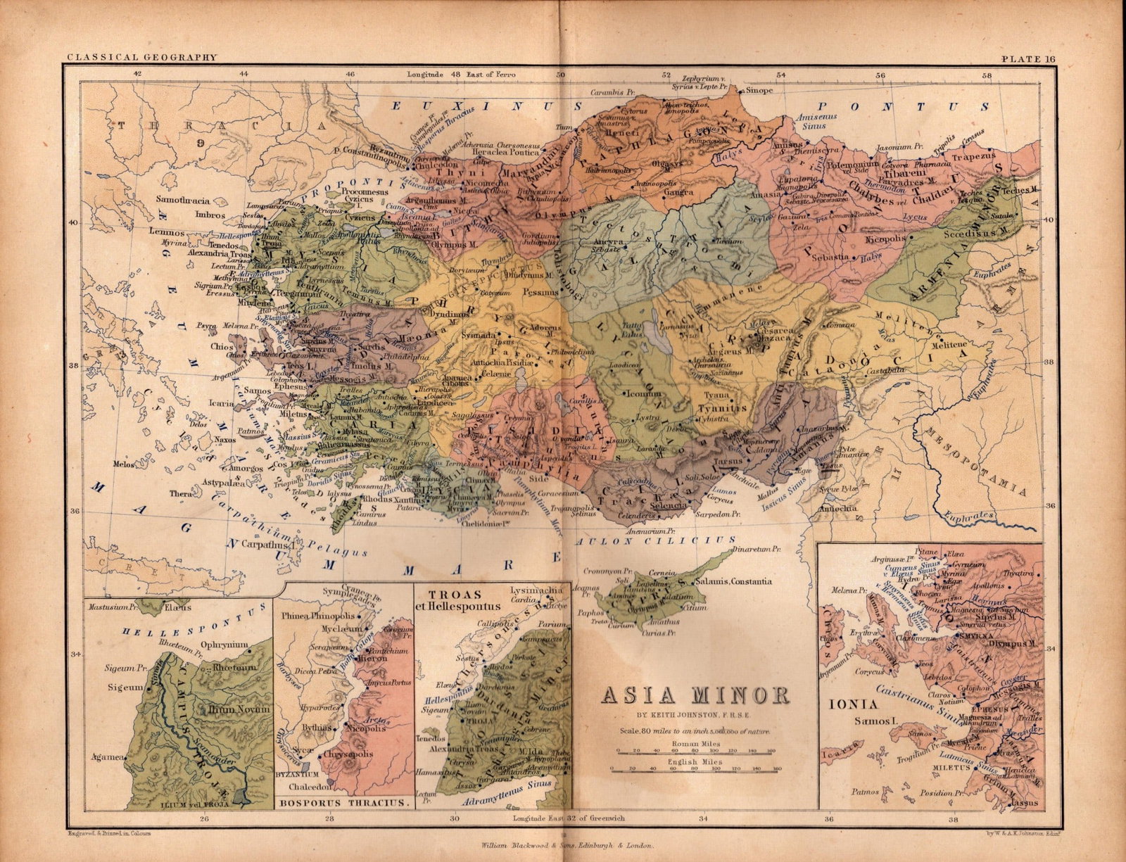 Antique 1867 Coloured Classical Map Asia Minor, Bosporus, Traos, Ionia.: Title: Antique 1867 Coloured Classical Map Asia Minor, Bosporus, Traos, Ionia. Description: This Map Has Been Removed from an Antique Edition of. AK Johnston Classical Geography Atlas Published In